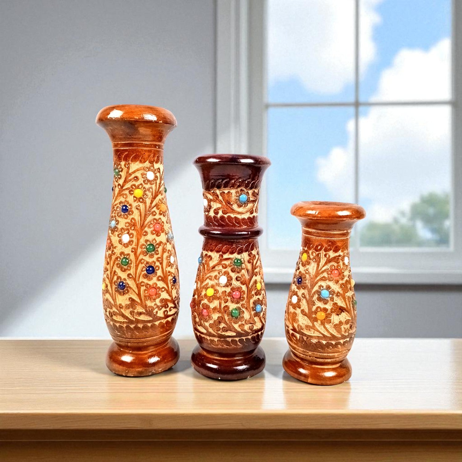 Flower Vase Wooden | Pots for Flowers - For Tabletop, Living Room, Home & Office | Centerpiece for Table Decoration |Vases for Gifts - 12 Inch (Set Of 3) - Apkamart