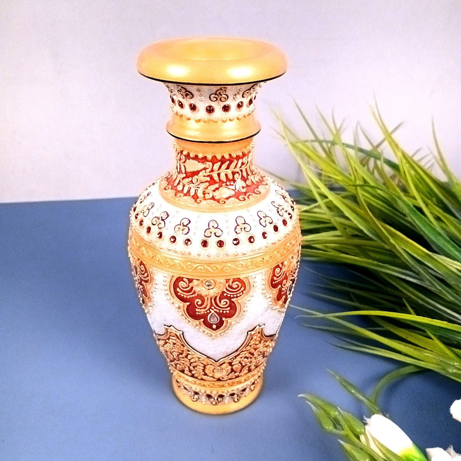 Flower Vase | Marble Flower Pot With Rich Handwork - For Home, Table, Living room, Bedroom Decoration & Wedding / Housewarming Gifts - 10 inch - Apkamart
