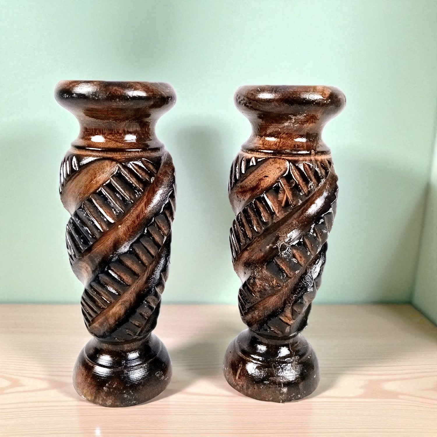 Flower Pot | Wooden Vase - for Home Decoration, Living Room, Table, Shelf, Office & Interior Decor | House Warming & Festival Gift - 10 Inch (Pack Of 2) - Apkamart