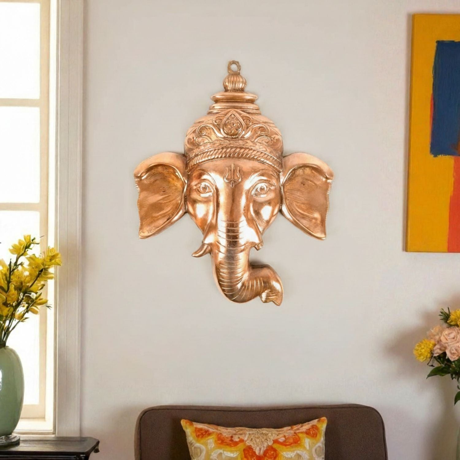 Ganesh Face Wall Hanging | Lord Ganpati Metal Wall Décor for Home, Pooja Room & Entrance | Decorative Ganesh Face Idol for Living Room, Office & Gifting - 17 Inch - Apkamart
