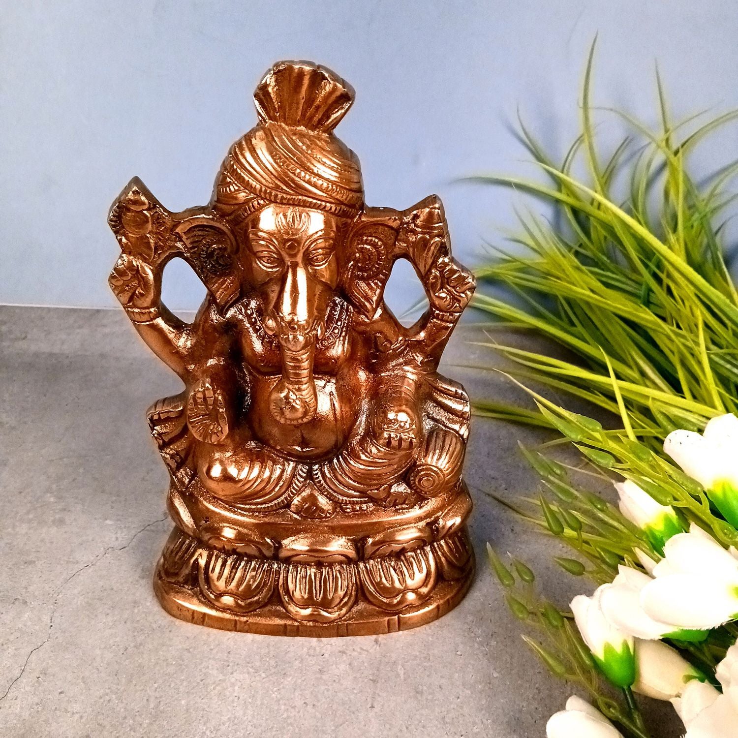 Handicraft Ganesh Statue for Temple/Home Decor/Office Decor - (Metal - Alloy | Color - Copper Shade | Size - 9 Inch) - Apkamart