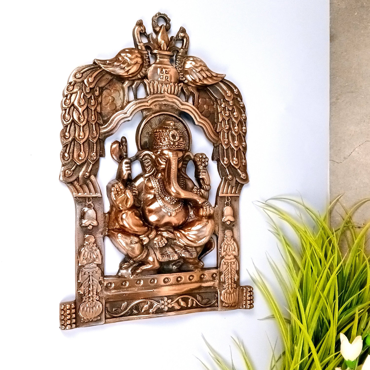 Ganesh Wall Hanging Idol | Lord Ganesha With Peacock Wall Statue Decor | Religious & Spiritual Wall Art - For Puja, Home & Entrance Living Room & Gift - 16 Inch - Apkamart