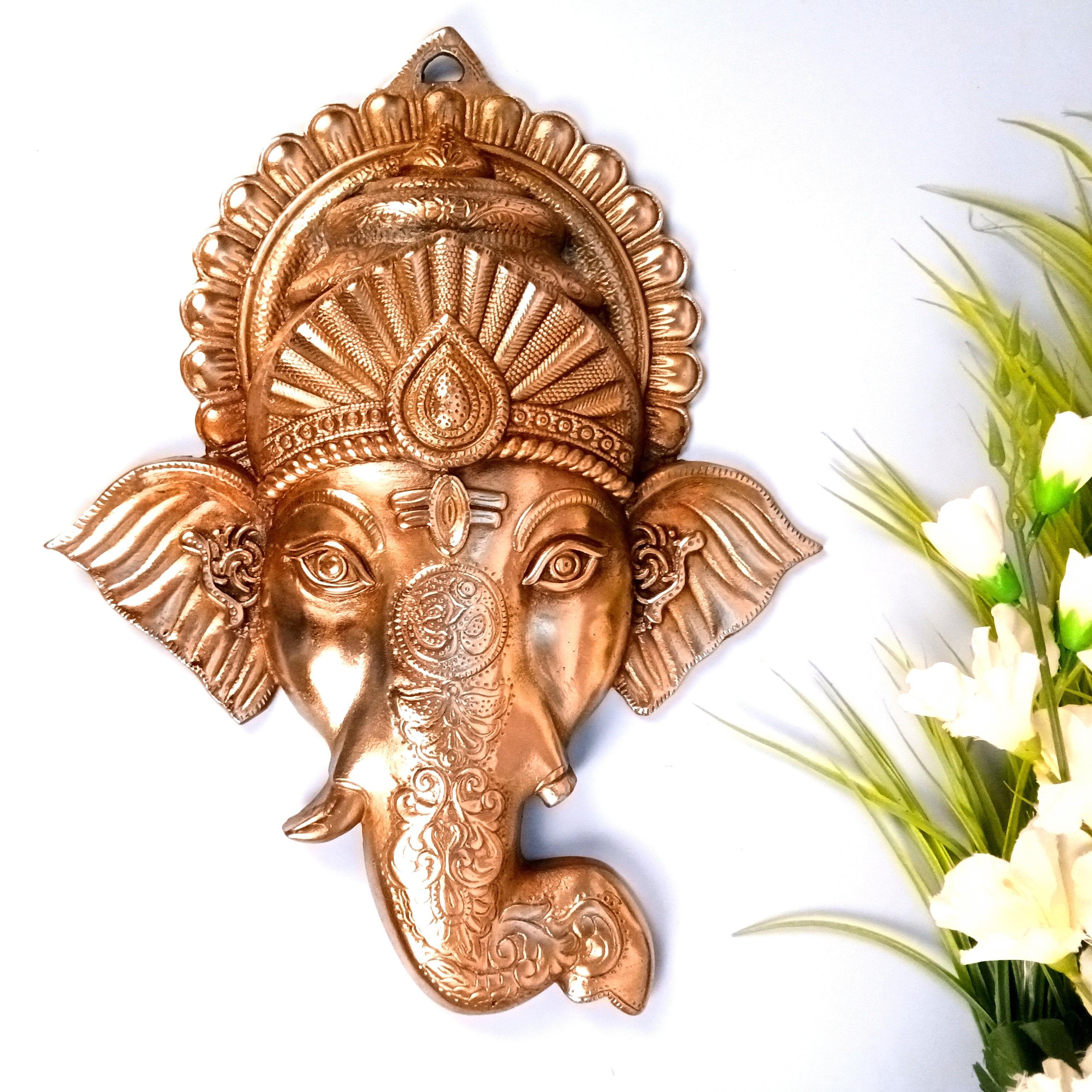 Ganesh Face Wall Hanging Showpiece | Metal Ganpati Idol for Wall & Table Decor | Handcrafted Spiritual Home Decor | Gift for Housewarming, Diwali & Festivals - 17 Inch - Apkamart