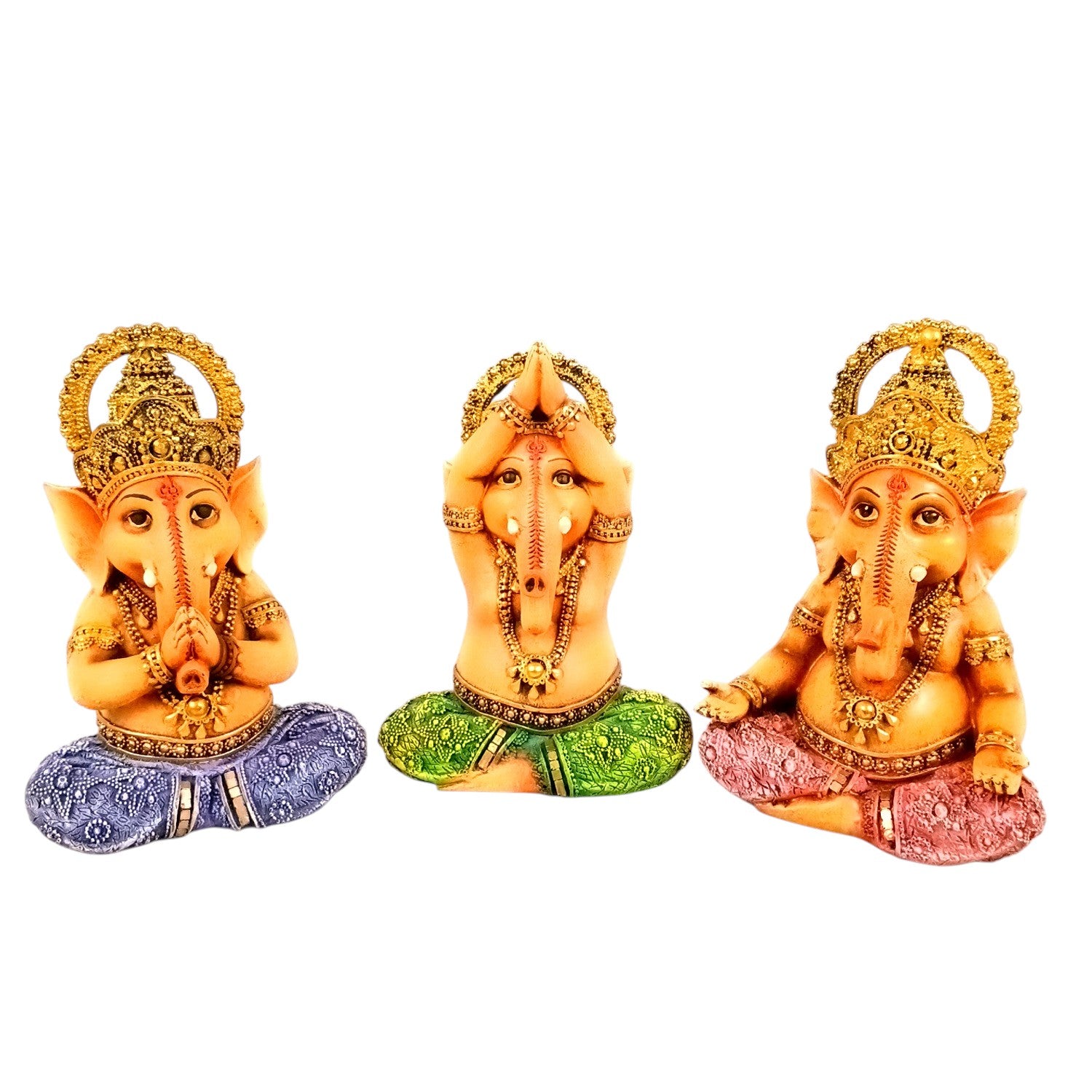 Shri Ganesh Idol | Ganesha Different Poses for Home, Pooja Room & Vastu | Religious Table Decor, Diwali & Festive Gift - Set of 3 - Apkamart