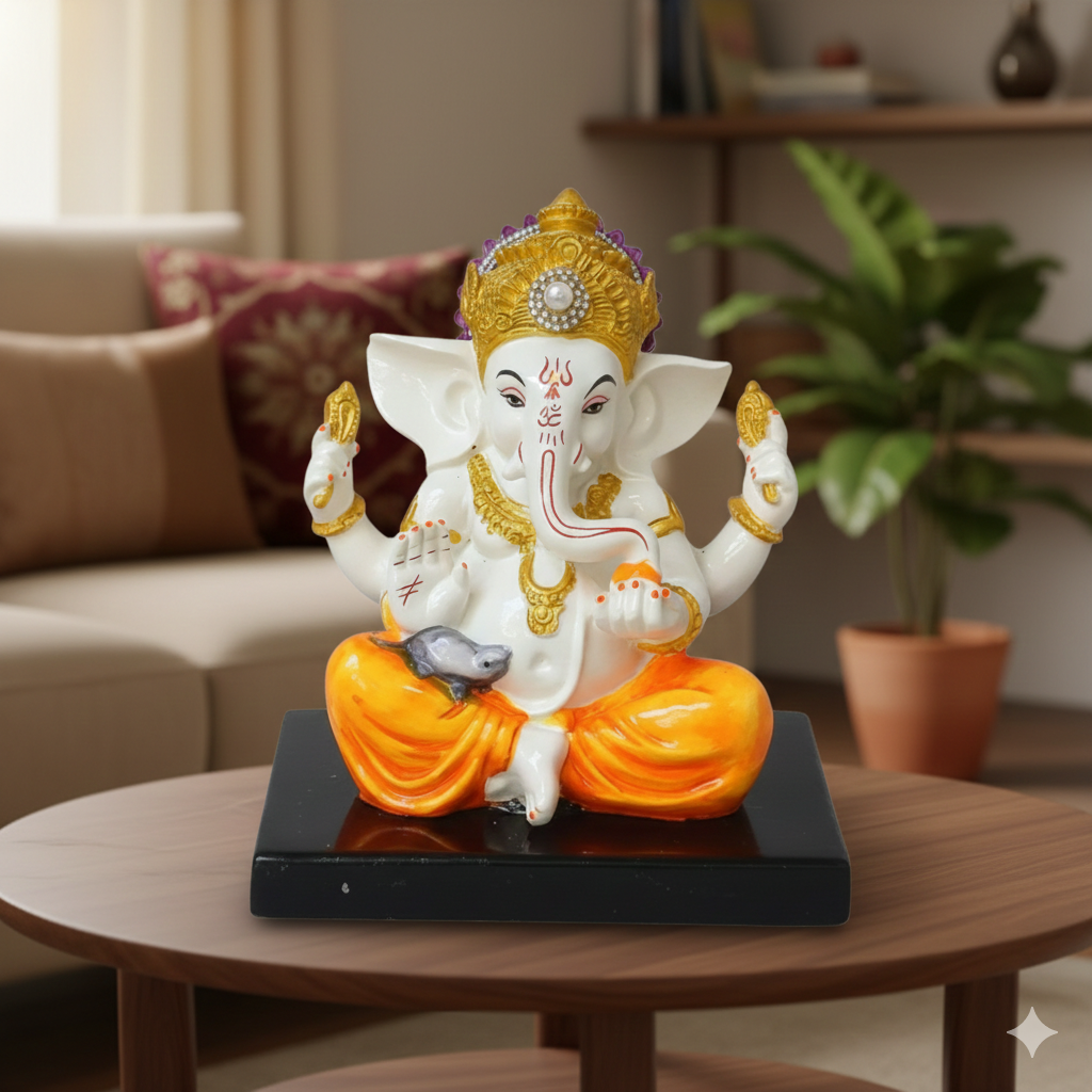 Ganesh Statue With Stone Work | Ganesha Idol Marble Look | Ganpati Murti - Puja, Home, Office Desk, Table Decor, Diwali Gift - 6 Inch - apkamart #Color_Yellow