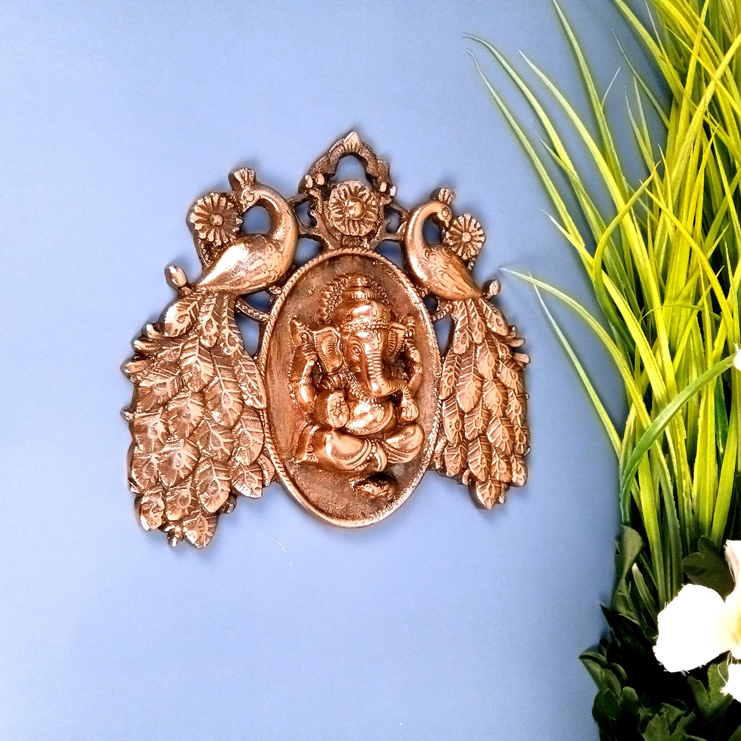 Ganesh Wall Hanging Idol | Lord Ganesha With Peacock Wall Statue Decor | Religious & Spiritual Wall Art - For Puja, Home & Entrance Living Room Decor & Gift - 9 Inch - Apkamart