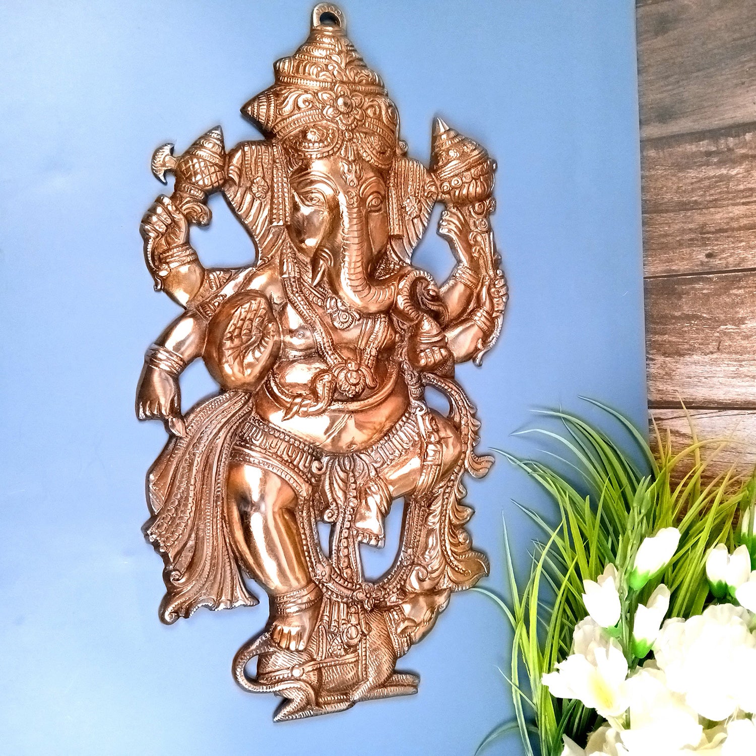 Ganesha Wall Hanging Idol | Large Lord Ganesh Standing on Mouse Mooshak / Khade Ganesh Ji Statue For Big Walls Decor - For Puja, Home & Entrance Living Room & Gift - 22 Inch - Apkamat