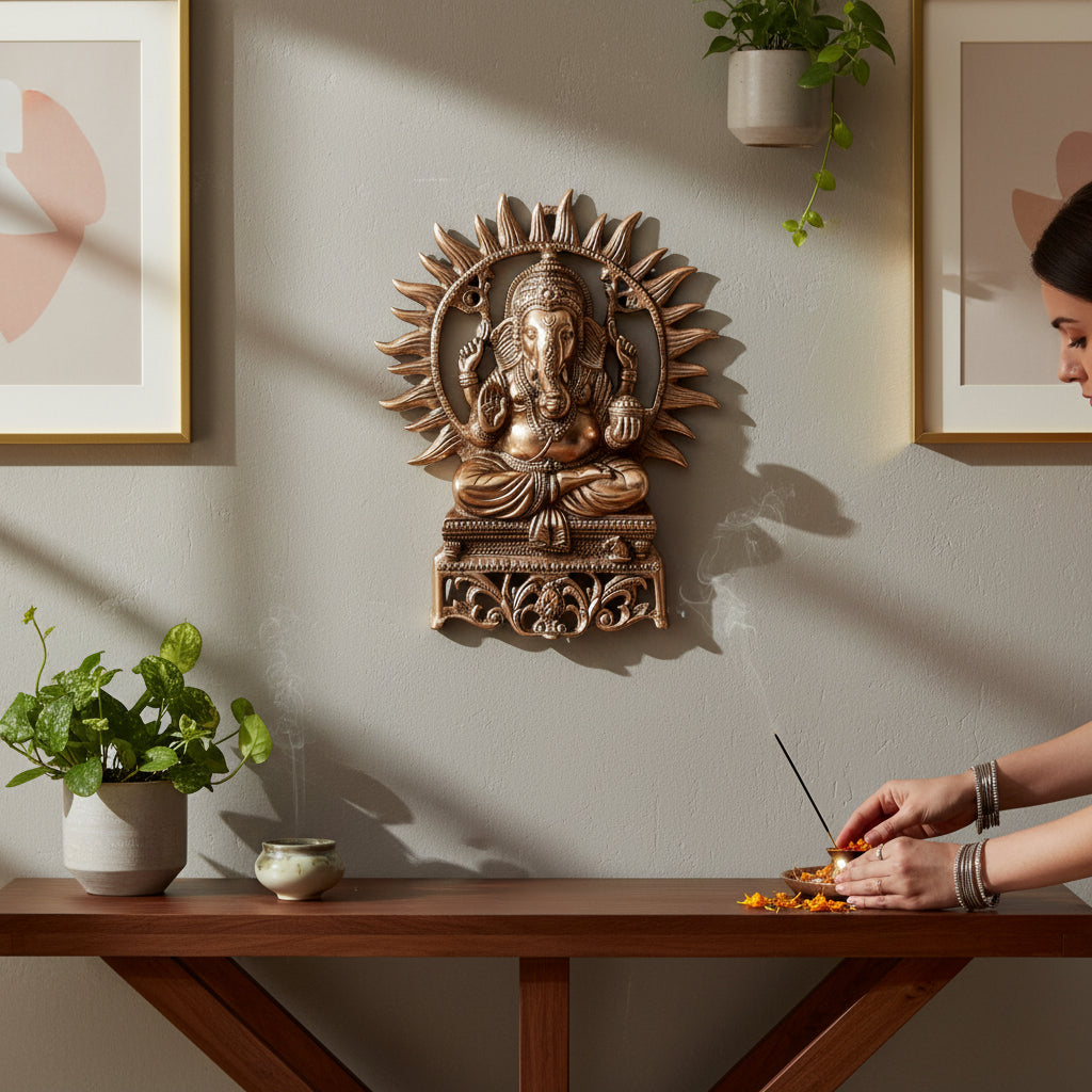 Lord Ganesh Wall Hanging | Ganpati Metal Idol Wall Decor for Home Entrance, Pooja Room, Living Room & Office | Auspicious Vastu Gift for Diwali & Housewarming - 16 Inch - Apkamart