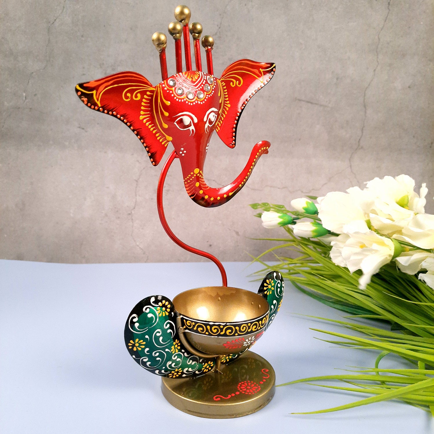 Candle TeaLight Holder - Ganesha Design | Tea Light Candle Stand - For Home, Table, Living Room, Dining room, Bedroom Decor | For Diwali Decoration & Gifts - 11 Inch - apkamart #Color_Red