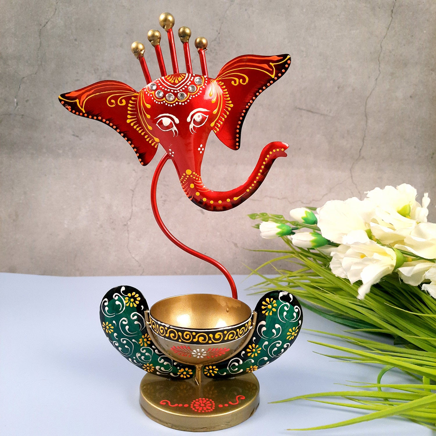 Candle TeaLight Holder - Ganesha Design | Tea Light Candle Stand - For Home, Table, Living Room, Dining room, Bedroom Decor | For Diwali Decoration & Gifts - 11 Inch - apkamart #Color_Red