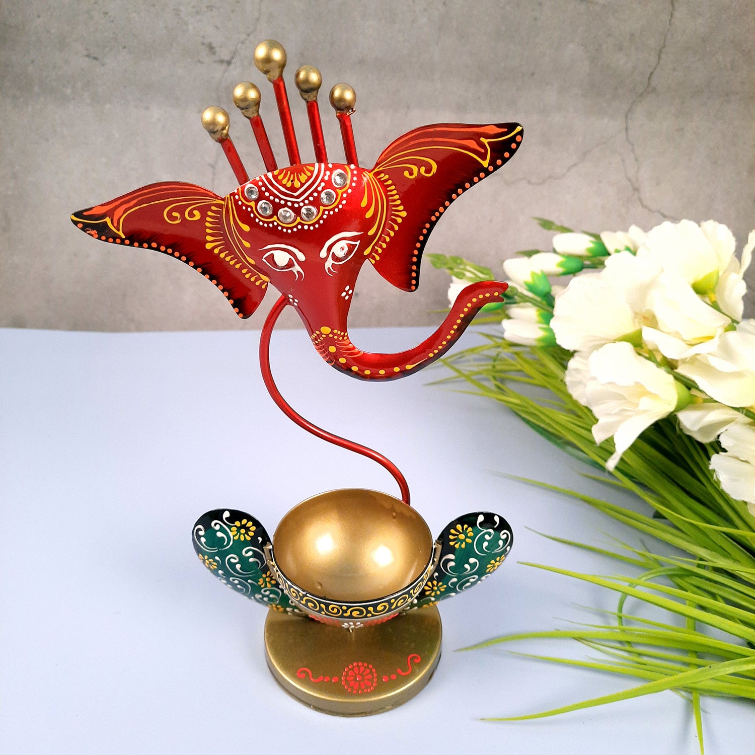 Candle TeaLight Holder - Ganesha Design | Tea Light Candle Stand - For Home, Table, Living Room, Dining room, Bedroom Decor | For Diwali Decoration & Gifts - 11 Inch - apkamart #Color_Red