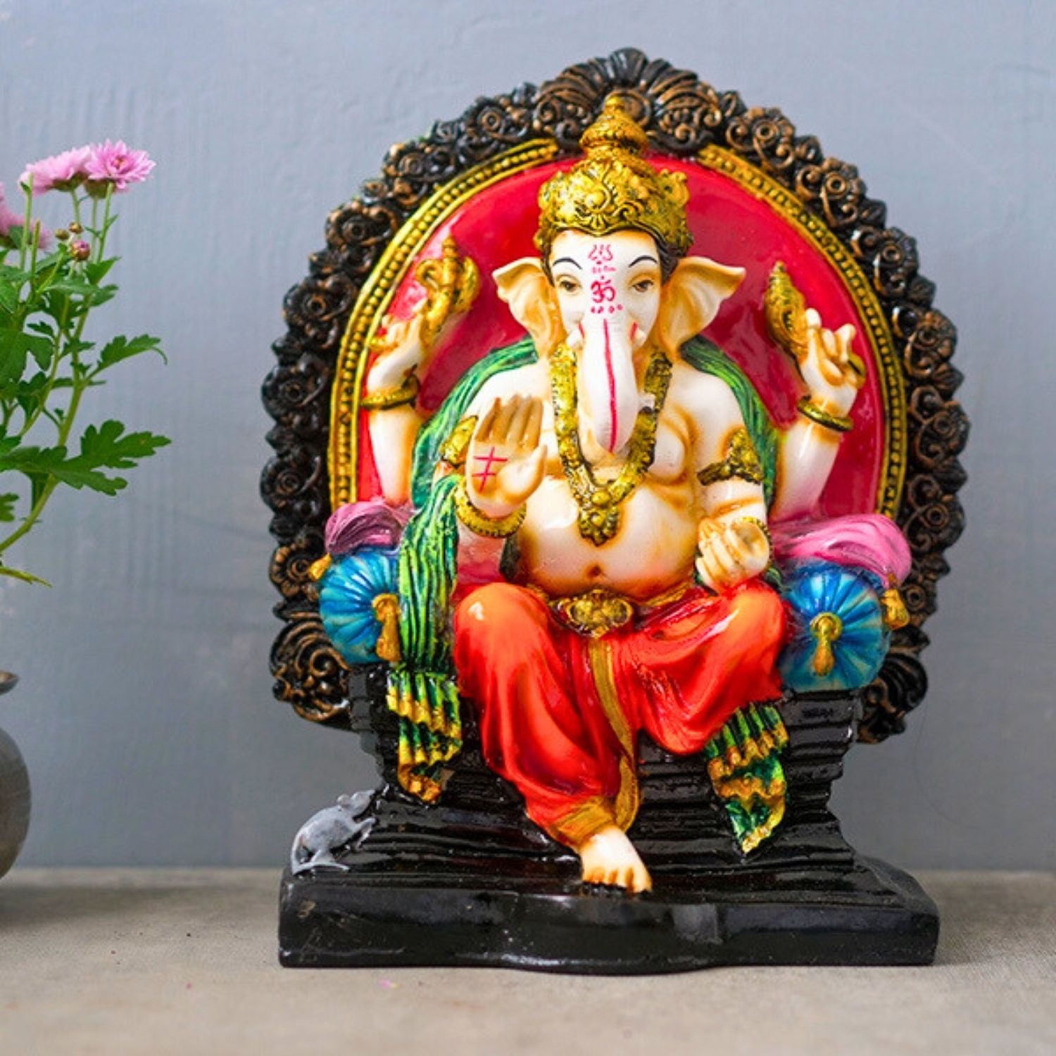 Ganesh Statue | Shri Ganesha Sitting on Singhasan Idol | Lord Krishna Murti - for Home, Living Room, Office, Puja, Entrance Decoration & Gifts - 10 Inch - apkamart