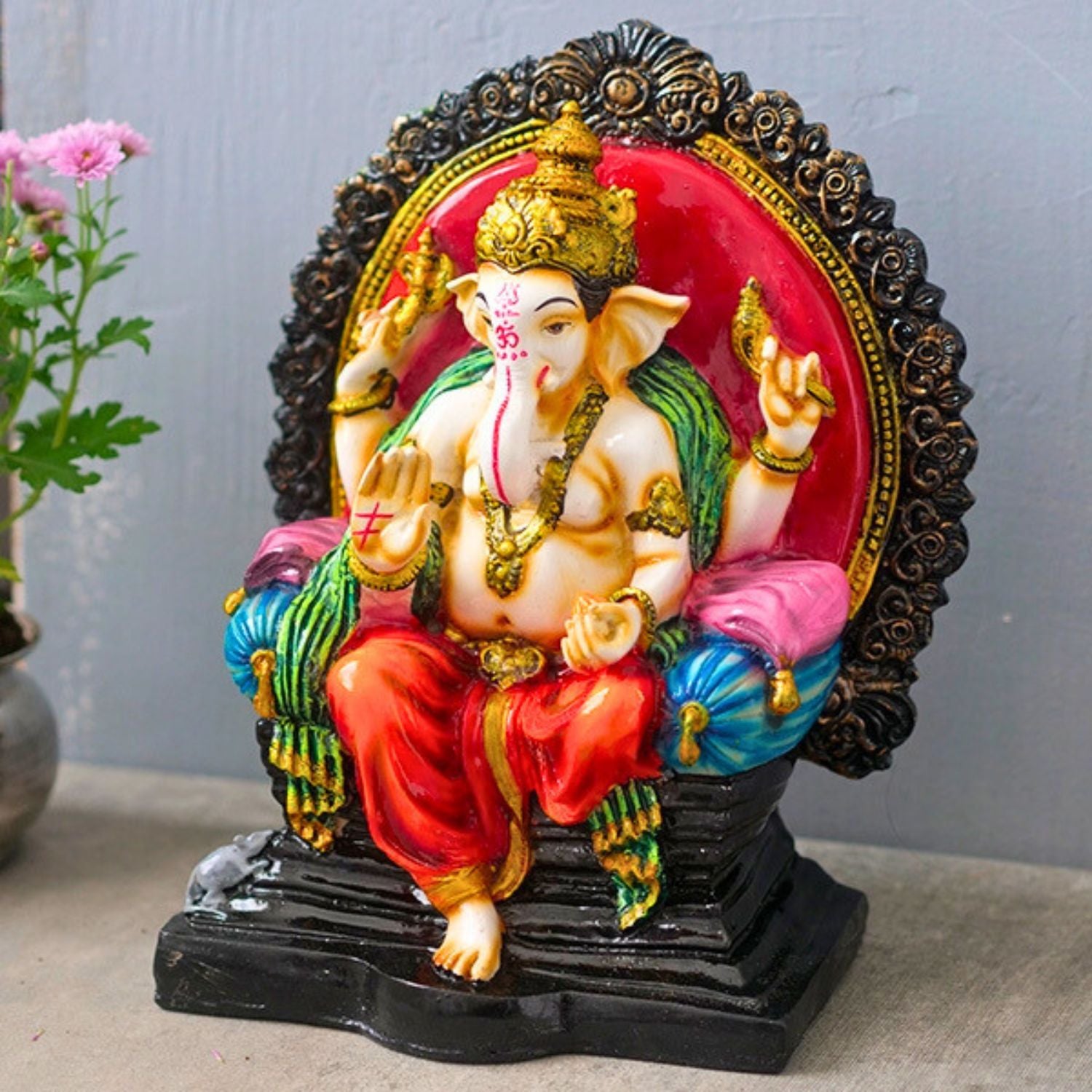 Ganesh Statue | Shri Ganesha Sitting on Singhasan Idol | Lord Krishna Murti - for Home, Living Room, Office, Puja, Entrance Decoration & Gifts - 10 Inch - apkamart