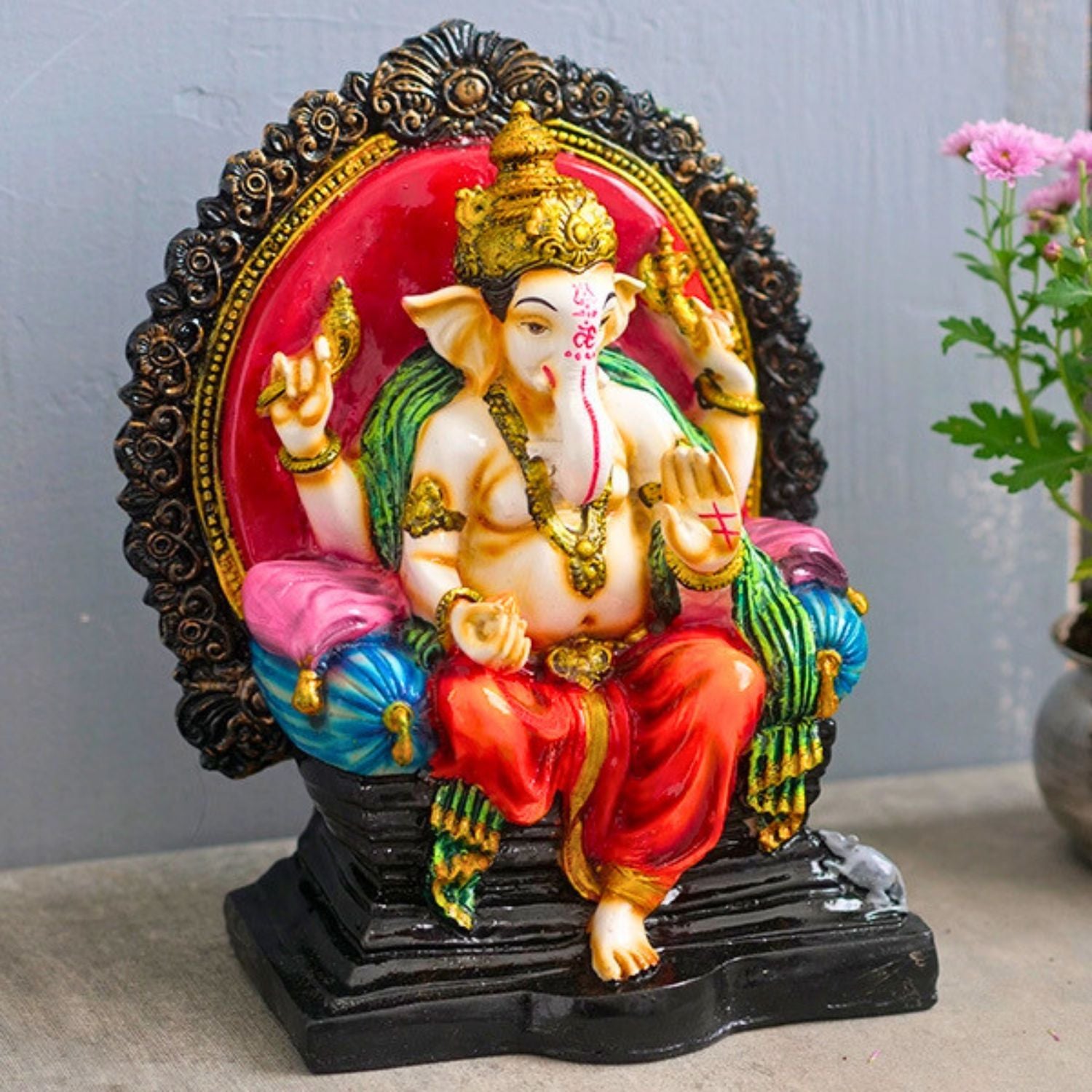Ganesh Statue | Shri Ganesha Sitting on Singhasan Idol | Lord Krishna Murti - for Home, Living Room, Office, Puja, Entrance Decoration & Gifts - 10 Inch - apkamart