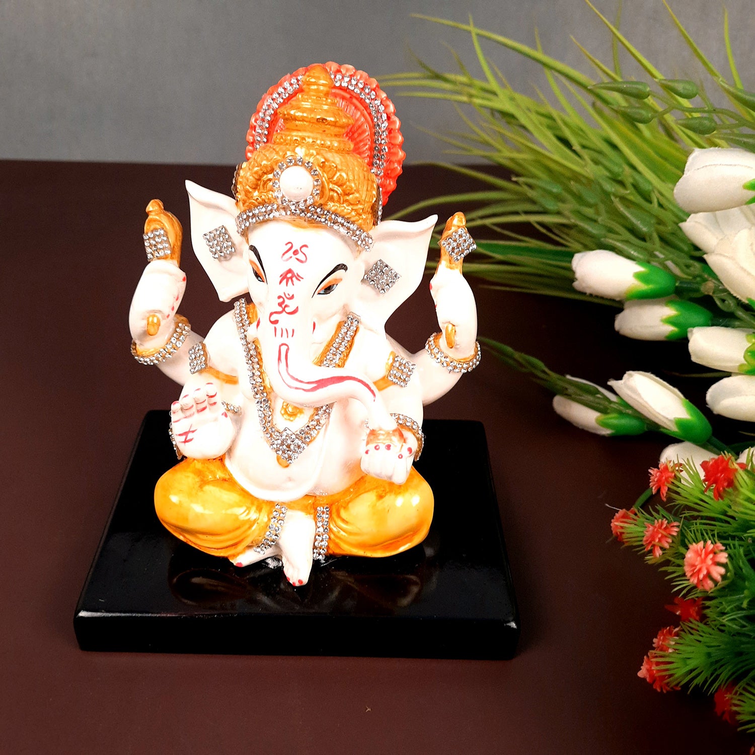 Ganesh Statue With Stone Work | Ganesha Idol Marble Look | Ganpati Murti - Puja, Home, Office Desk, Table Decor, Diwali Gift - 6 Inch - apkamart #Color_Yellow