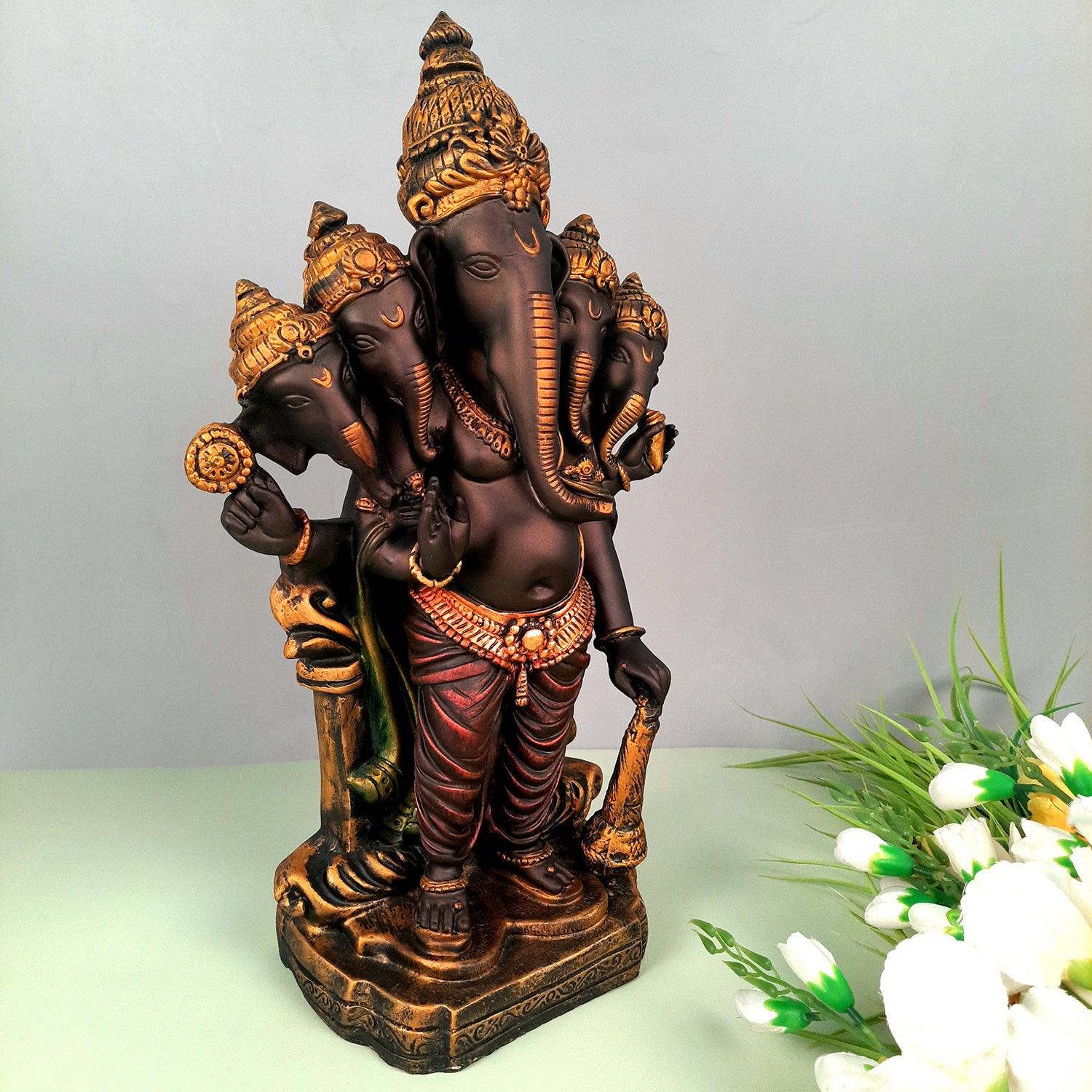 Panchmukhi Ganesh Idol | Big Lord Ganesha Statue Murti - for Puja, Home & Entrance Living Room Decor & Gift - 18 Inch - apkamart #Color_Brown