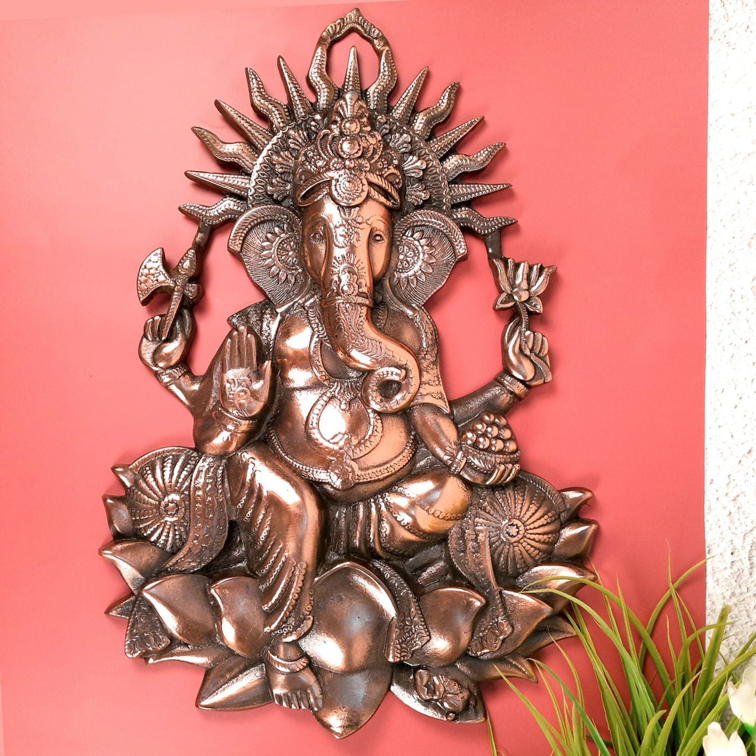 Ganesh Wall Hanging Idol - Sitting on Lotus/Kamal Design | Lord Ganesha Wall Decor - For Puja, Home, Entrance, Big Walls, Living Room & Gift - 19 Inch - Apkamart