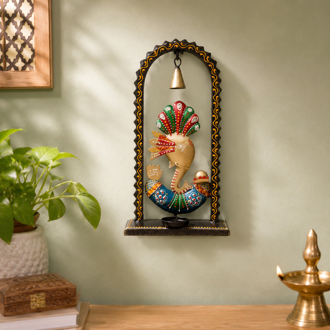 Ganesh Candle Holder Wall Hanging & Table Decor | Handcrafted Metal Tealight Holder for Home, Pooja Room, Diwali & Housewarming Gift-12 Inch