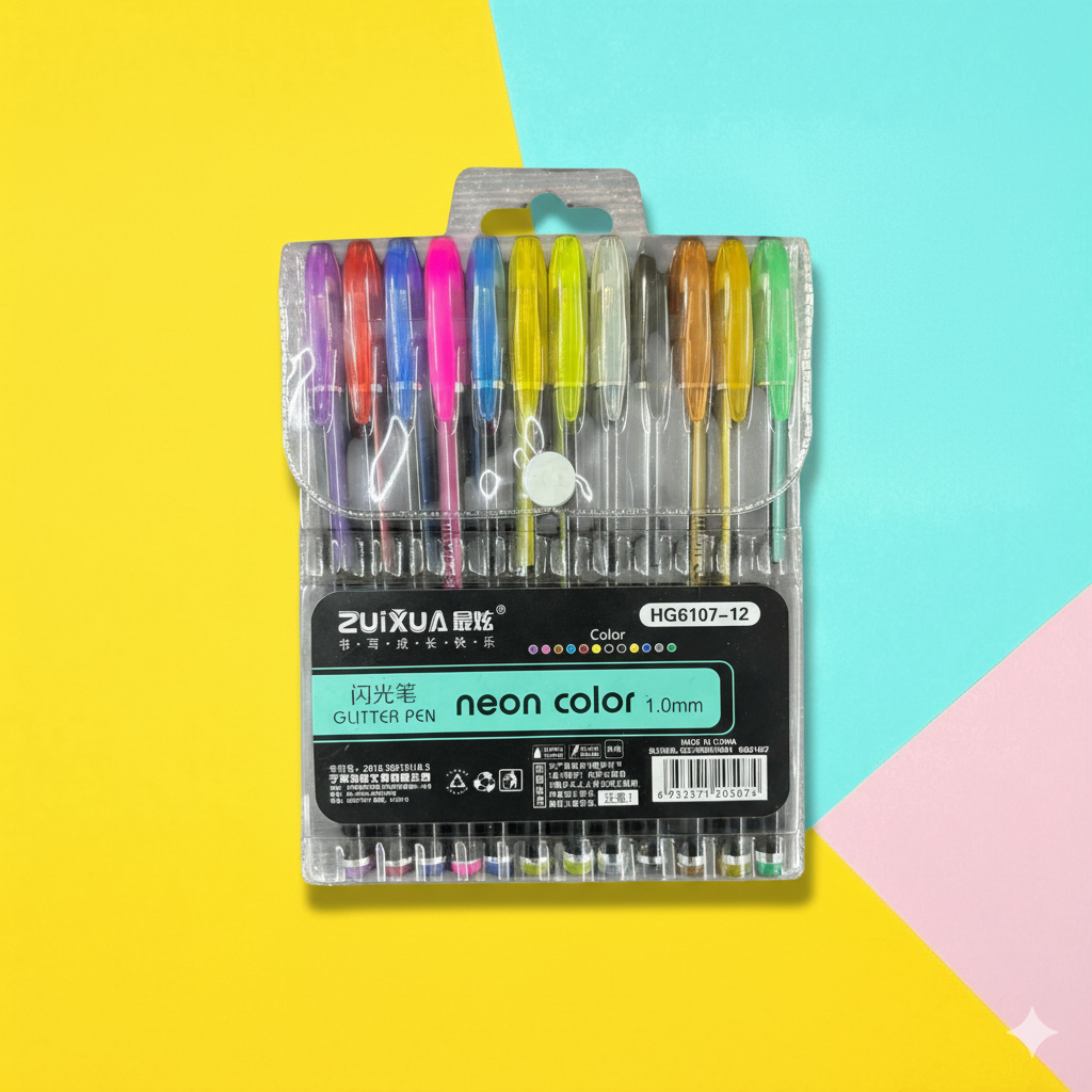 Glitter Pen Set of 12 | Neon Color Gel Pens for Kids, School, Art & Craft | Smooth Writing Glitter Gel Pens for Drawing, Office, Birthday & Return Gifts - Pack Of 1 - Apkamart
