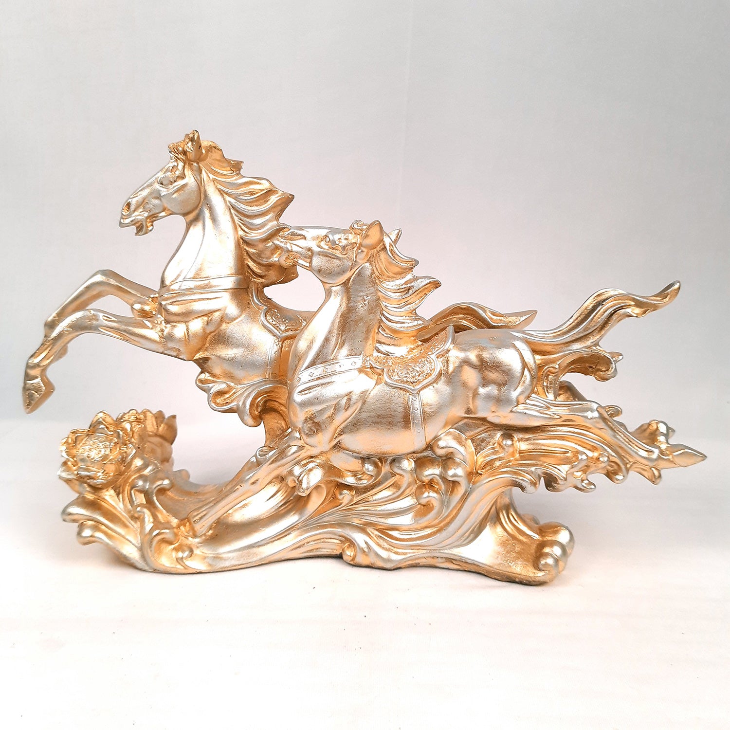 Two Running Horse Statue Figurines | Horse Showpiece Vastu, Fengshui Showpieces - for Home, Table, Shelf, Good Luck, Vastu & Office Desk Decor - 14 Inch - Apkamart #Color_Golden