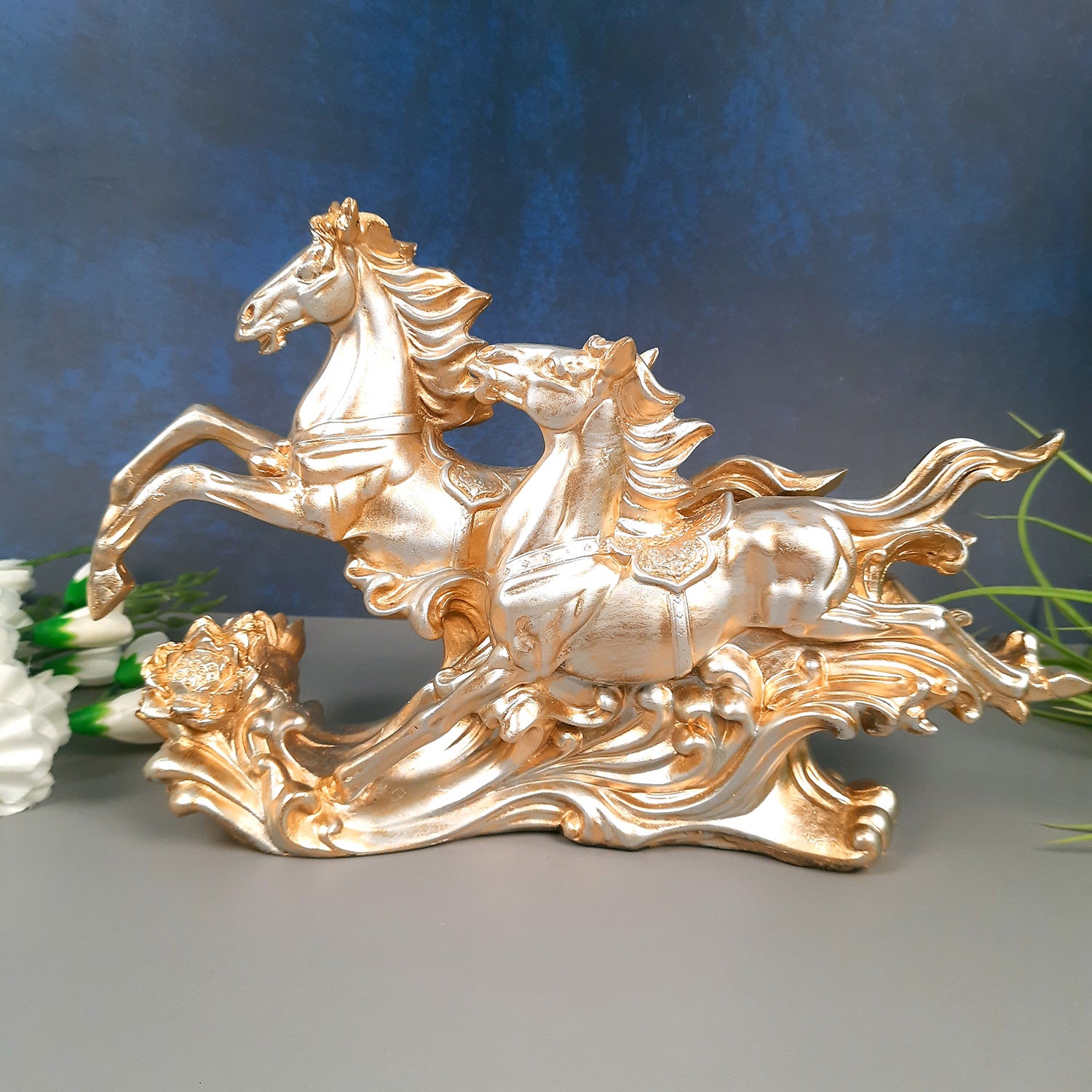 Two Running Horse Statue Figurines | Horse Showpiece Vastu, Fengshui Showpieces - for Home, Table, Shelf, Good Luck, Vastu & Office Desk Decor - 14 Inch - Apkamart #Color_Golden