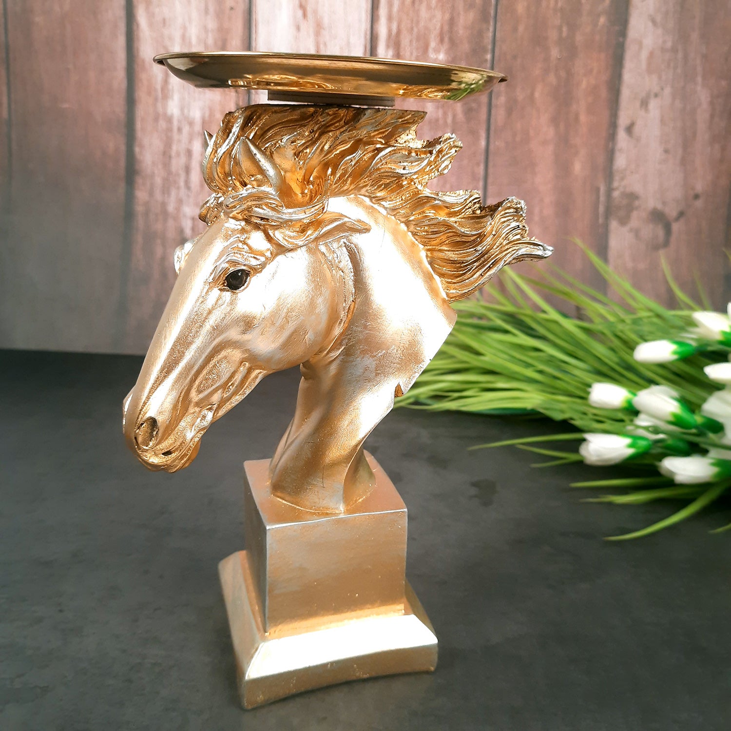 Horse Statue With Detachable Tray For Keeping Small Plant / Chocolates | Horse Face Showpiece - for Home, Table, Shelf, Good Luck, Vastu & Office Desk Decor - 10 Inch - Apkamart #Color_Golden