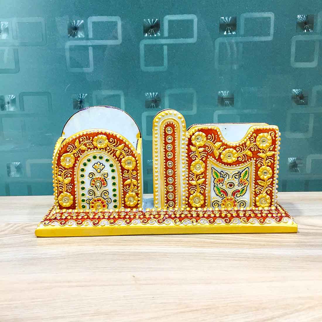 Pen Holder With Cards & Mobile Holders | Marble Stationary Organizers Stands | Multipurpose Holders Stand - For Table, Desk Organizing, Home, Office Decor & Corporate Gifts - 9 Inch - Apkamart
