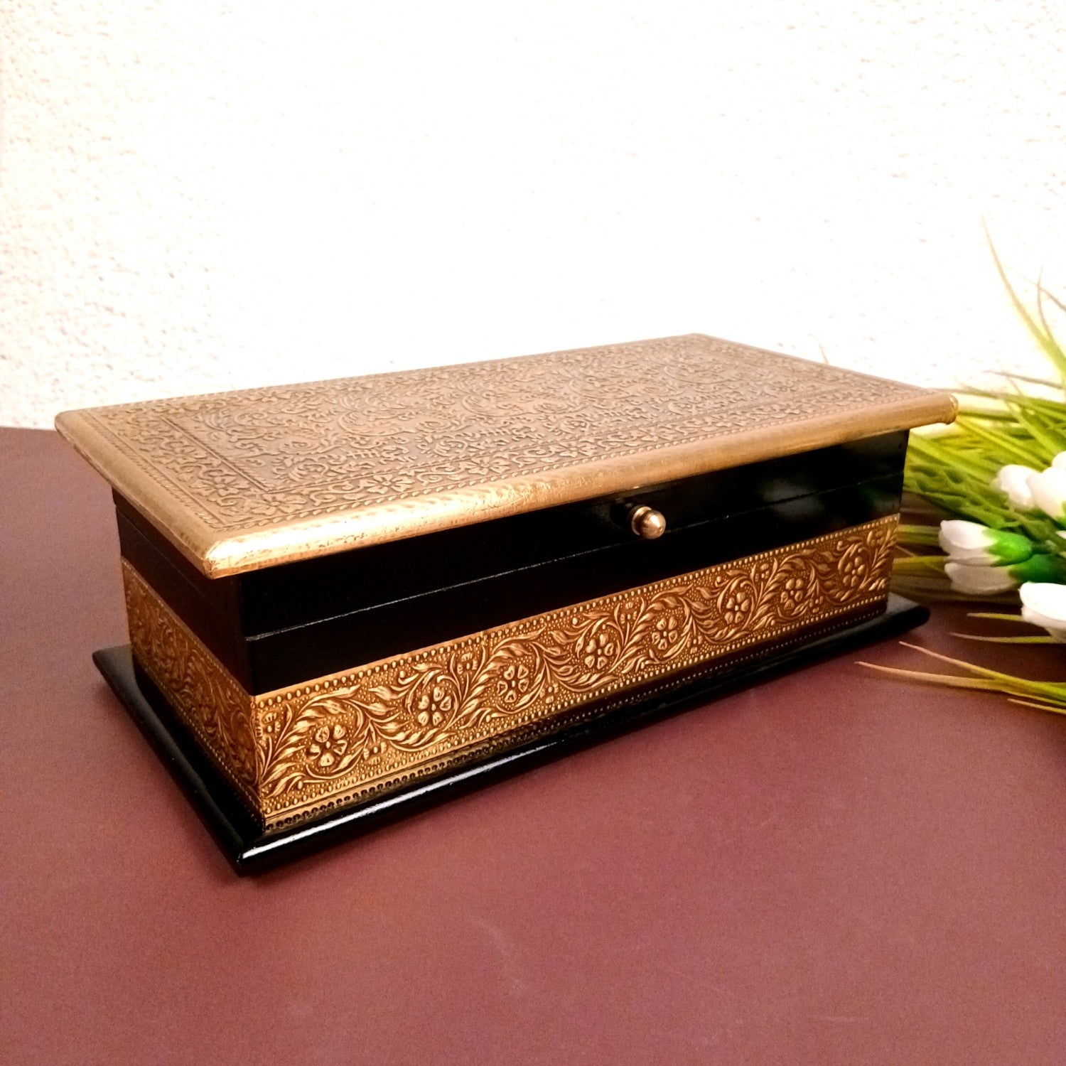 Wooden Jewelry Box for Bride | Bridal Gift Organizer for Women | Luxury Wedding Jewelry Storage Box | Compact Wood & Brass Jewellery Case for Travel & Occasions - 12 Inch - Apkamart