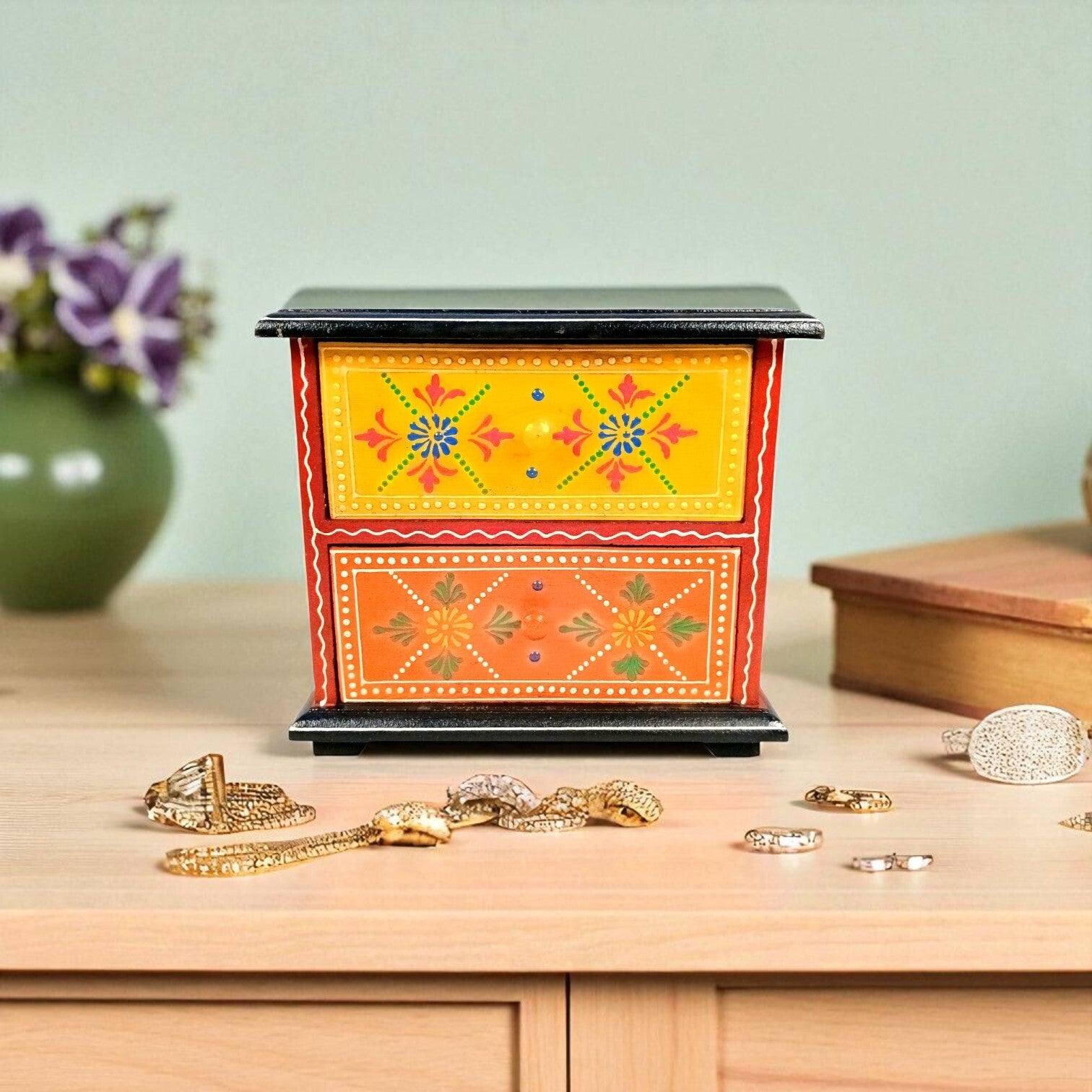Wooden Jewellery Box with 2 Drawers | Handcrafted Organizer for Rings, Earrings, Bangles, Watches | Vanity Storage Box for Dressing Table, Home Decor & Gifts - 8 Inch - Apkamart #Style_Design 1