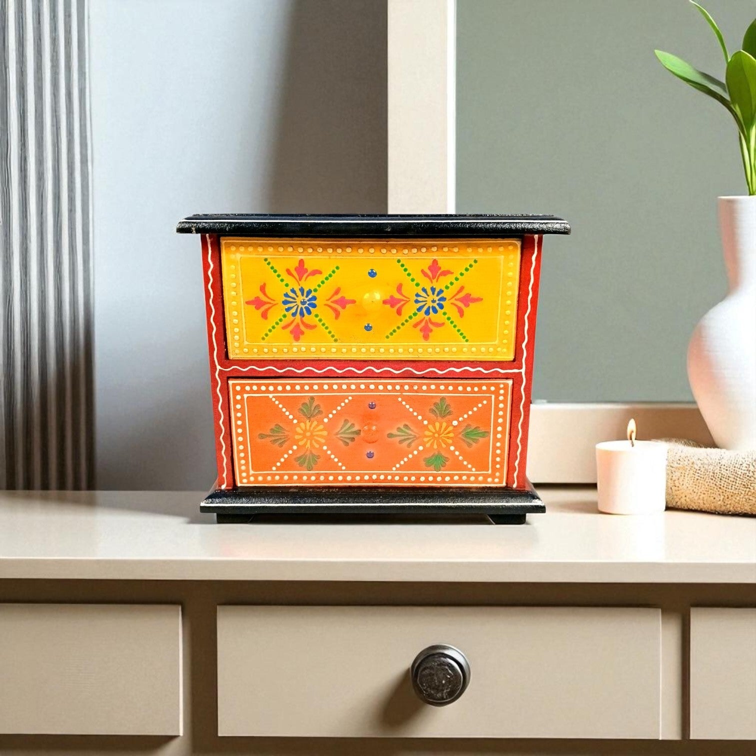 Wooden Jewellery Box with 2 Drawers | Handcrafted Organizer for Rings, Earrings, Bangles, Watches | Vanity Storage Box for Dressing Table, Home Decor & Gifts - 8 Inch - Apkamart #Style_Design 1