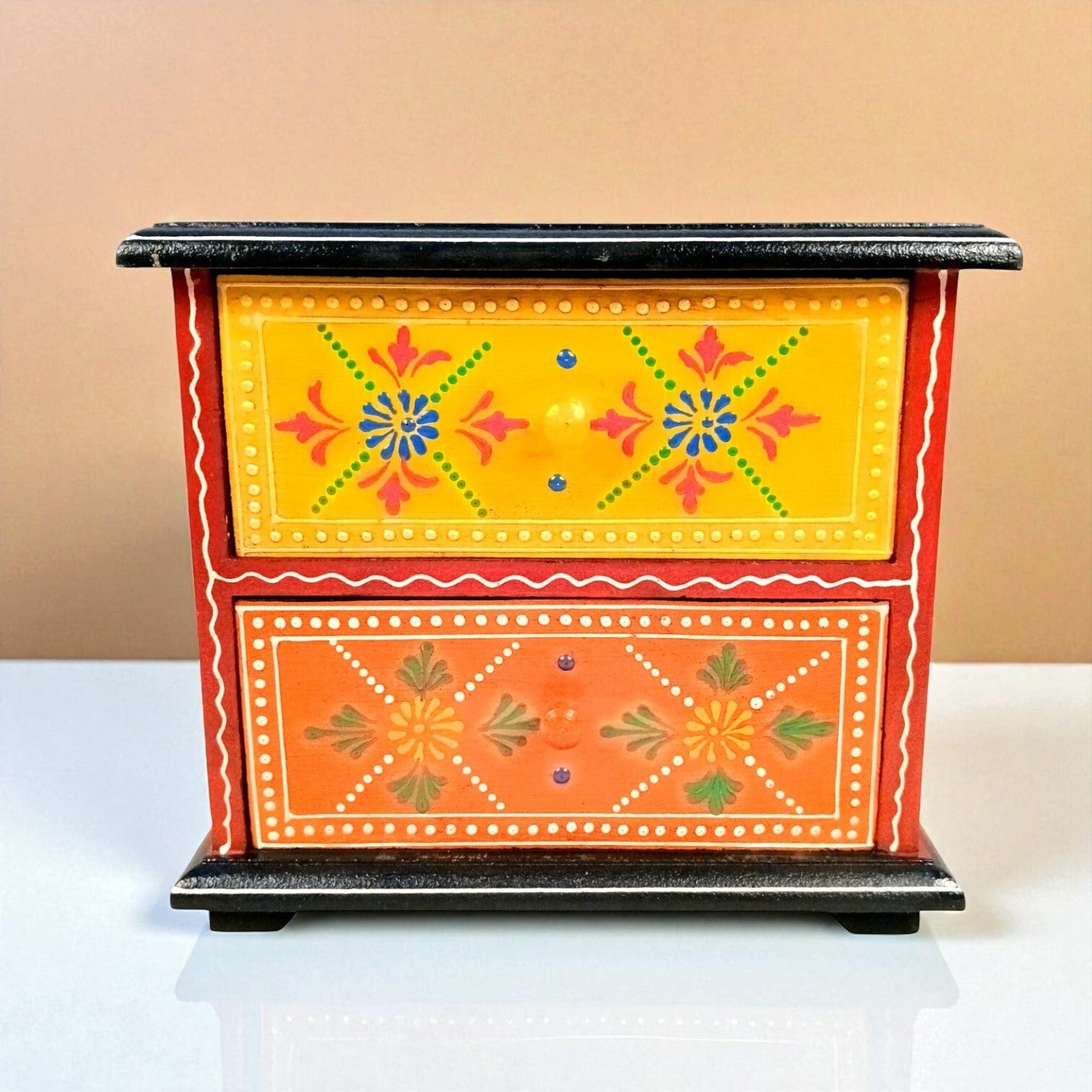 Wooden Jewellery Box with 2 Drawers | Handcrafted Organizer for Rings, Earrings, Bangles, Watches | Vanity Storage Box for Dressing Table, Home Decor & Gifts - 8 Inch - Apkamart #Style_Design 1