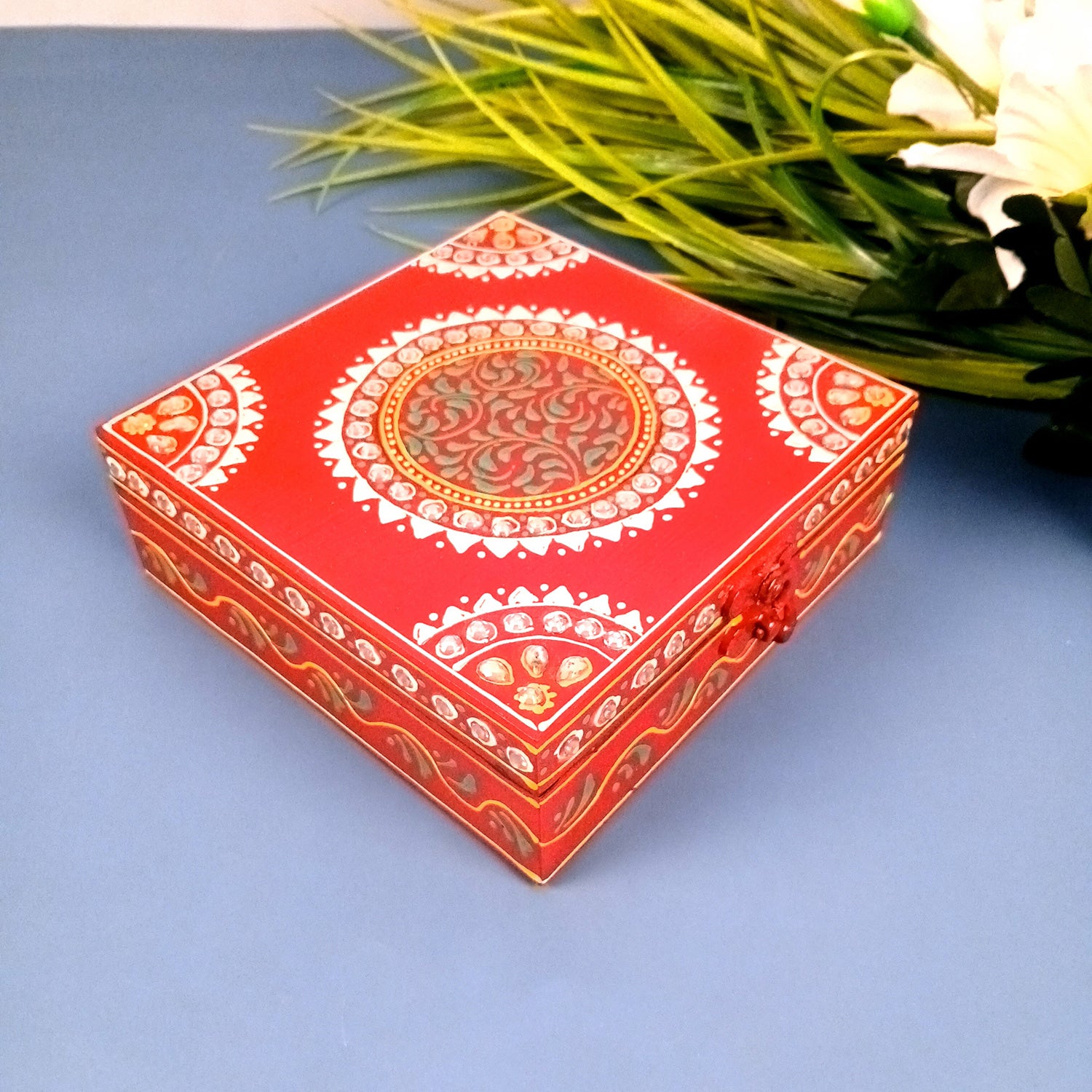 Jewellery Box | Decorative Wooden Jewelry Box - For Home, Table, Organizing Earring, Rings, Necklace & Gifts - 6 Inch - Apkamart #Colour_Red