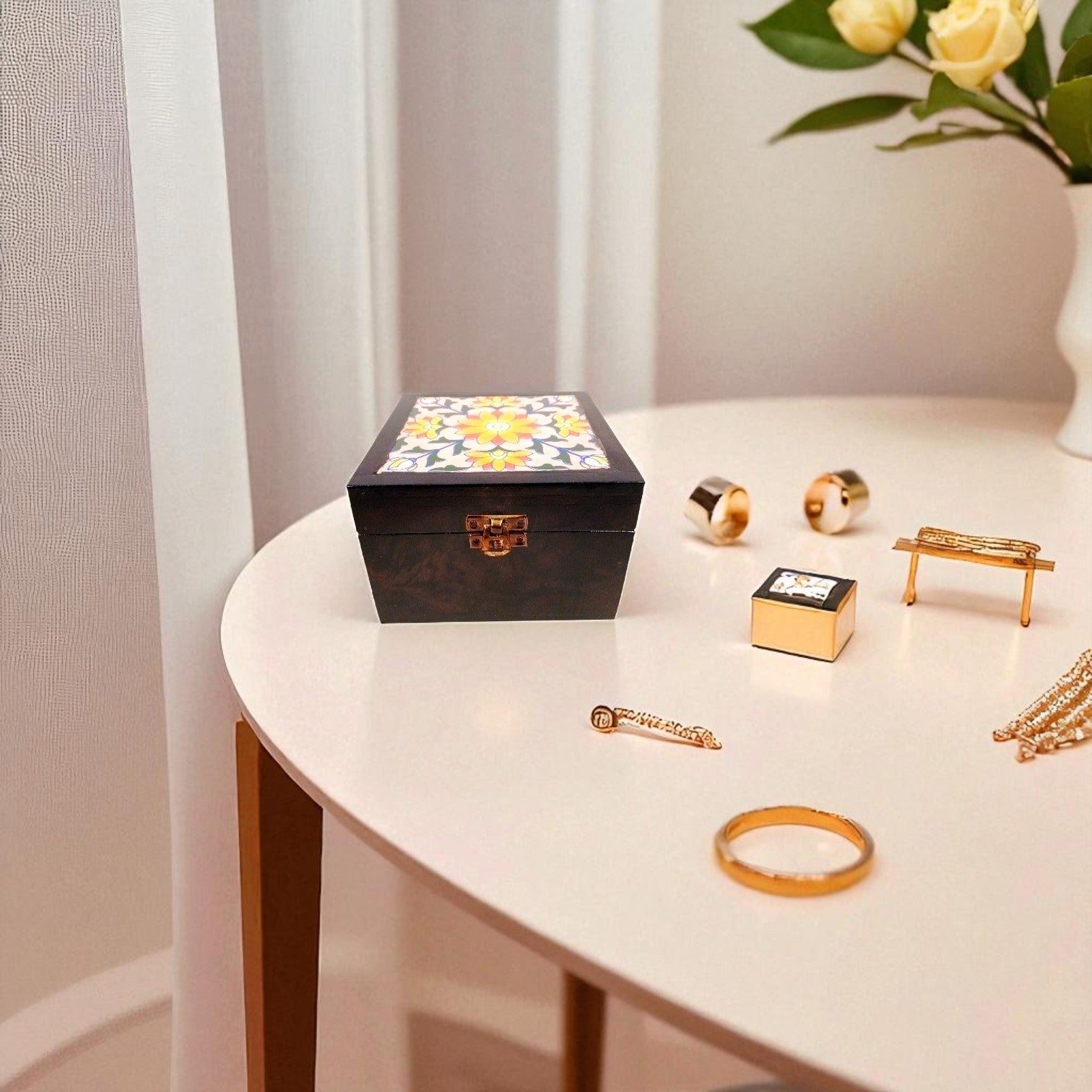 Wooden Jewellery Box | Handcrafted Storage Box | Antique Jewelry Organizer | Trinket Box for Rings, Earrings, Necklaces | Multipurpose Box | Home Decor & Gift Item - 6 Inch - Apkamart