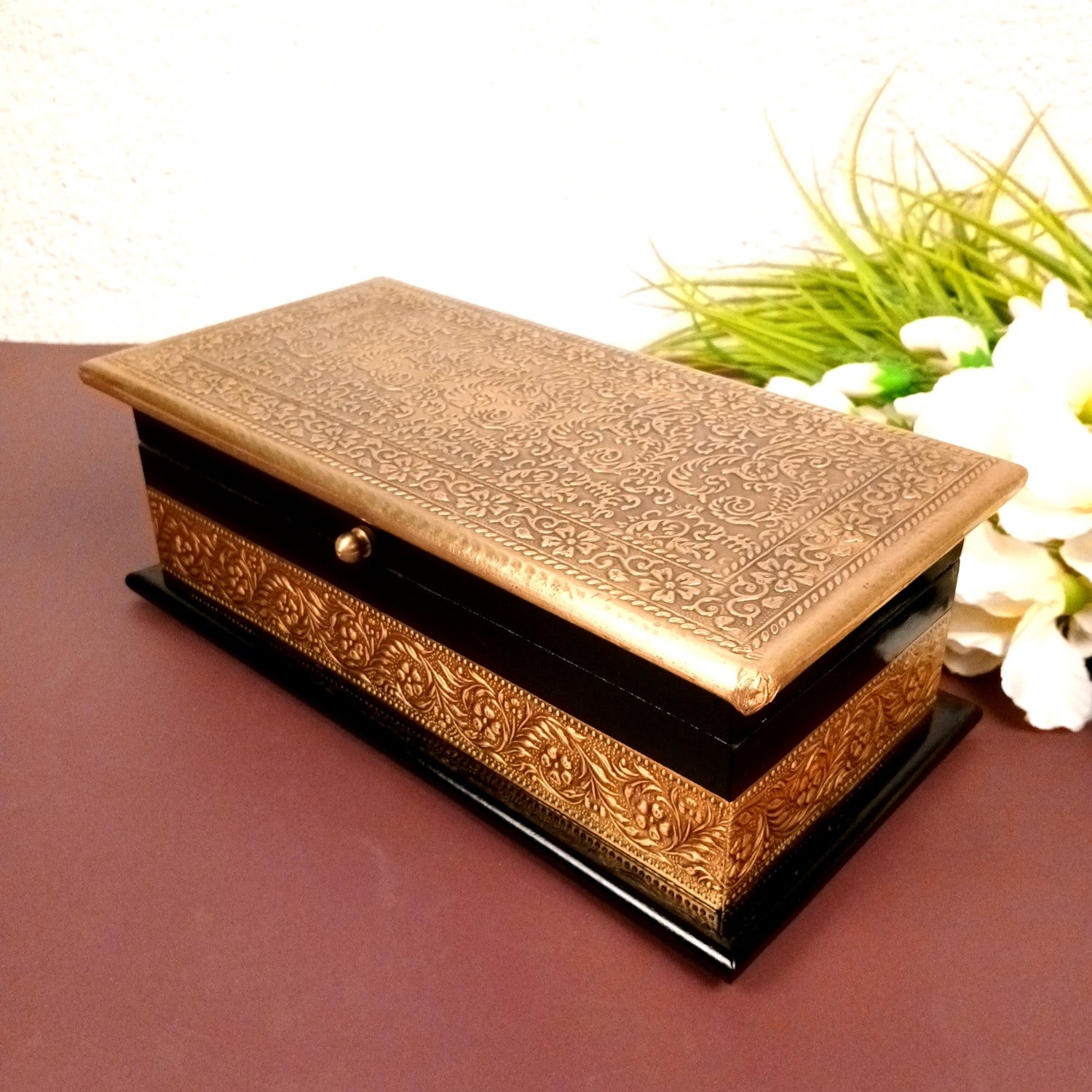 Wooden Jewelry Box for Bride | Bridal Gift Organizer for Women | Luxury Wedding Jewelry Storage Box | Compact Wood & Brass Jewellery Case for Travel & Occasions - 12 Inch - Apkamart