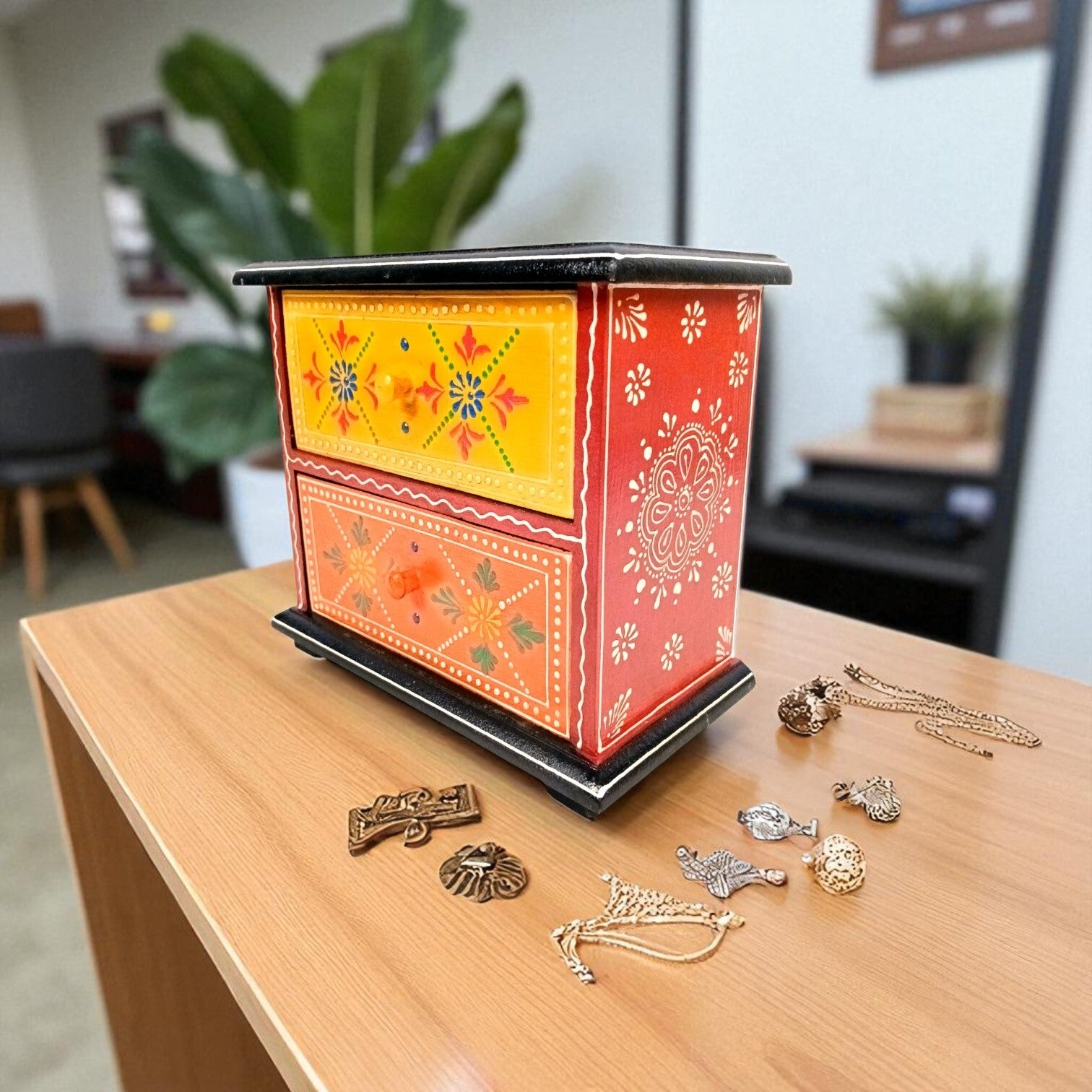 Wooden Jewellery Box with 2 Drawers | Handcrafted Organizer for Rings, Earrings, Bangles, Watches | Vanity Storage Box for Dressing Table, Home Decor & Gifts - 8 Inch - Apkamart #Style_Design 1