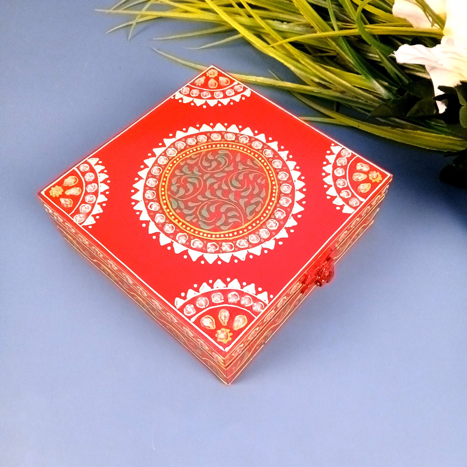 Jewellery Box | Decorative Wooden Jewelry Box - For Home, Table, Organizing Earring, Rings, Necklace & Gifts - 6 Inch - Apkamart #Colour_Red
