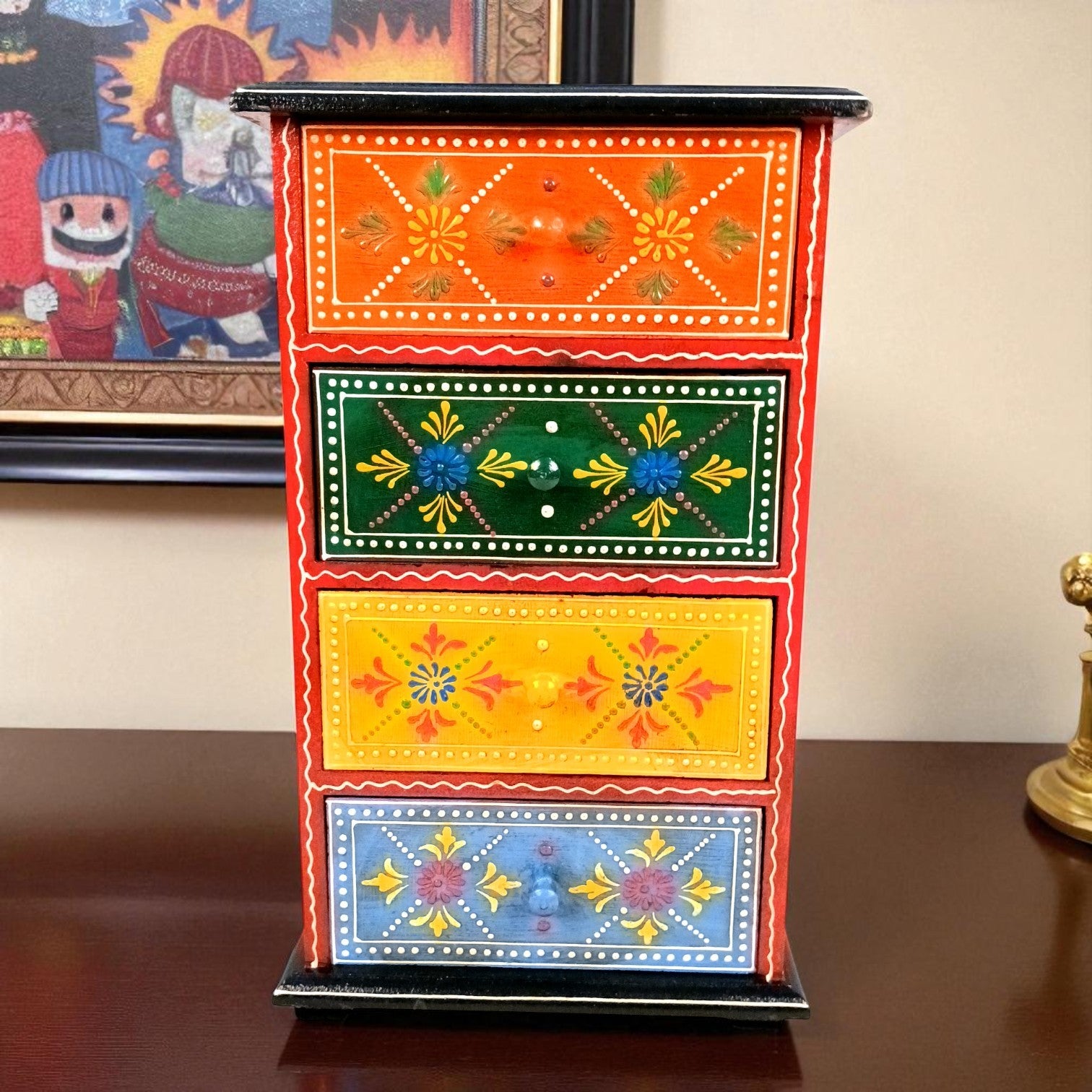 Wooden Jewellery Box with 4 Drawers | Handcrafted Storage Organizer for Rings, Earrings, Bangles, Trinkets | Decorative Box for Dressing Table, Home Decor & Gifting - 14 Inch - Apkamart