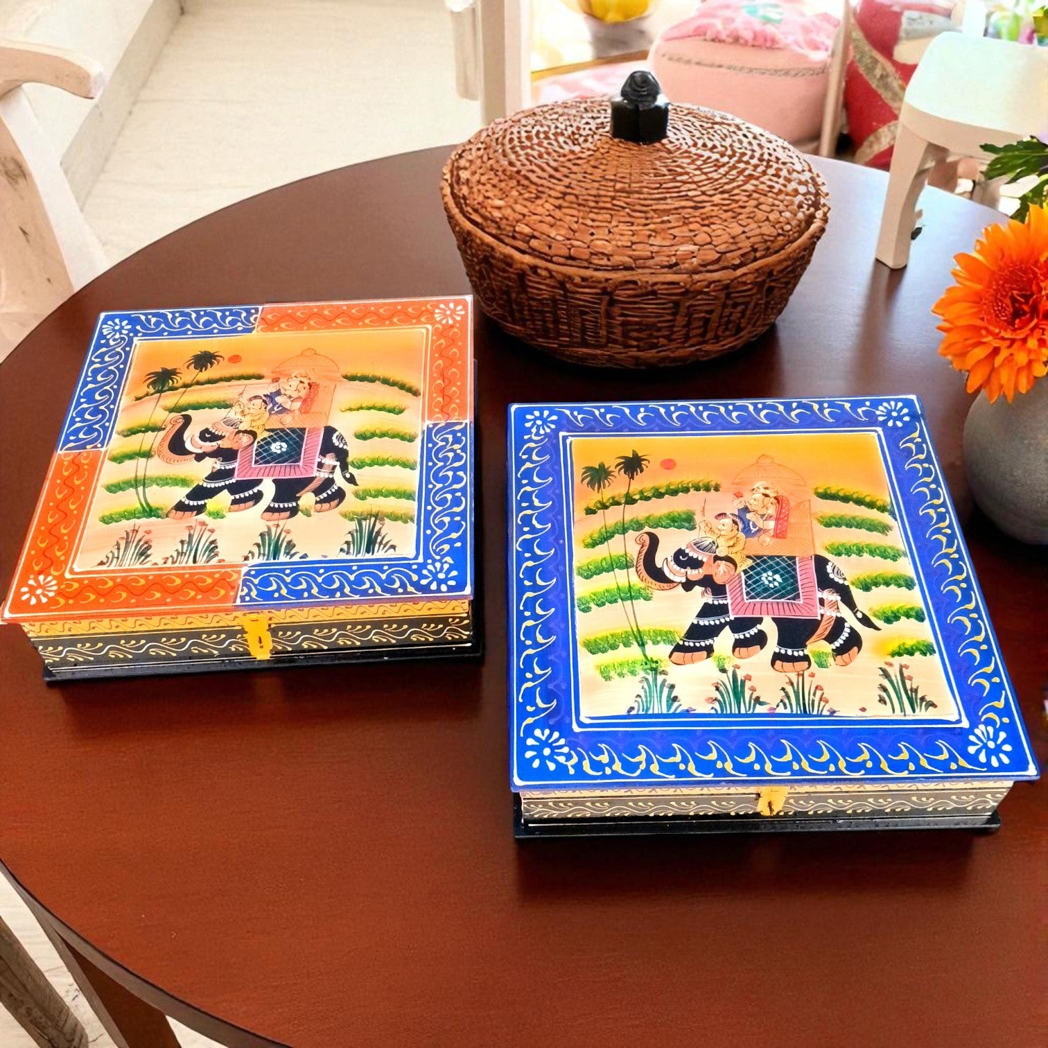 Jewellery Box with Elephant Design| Handcrafted Decorative Storage Box for Jewellery, Keepsakes & Gifting | Traditional Wooden Organizer for Home Decor - 12 Inch (Pack Of 2) - Apkamart