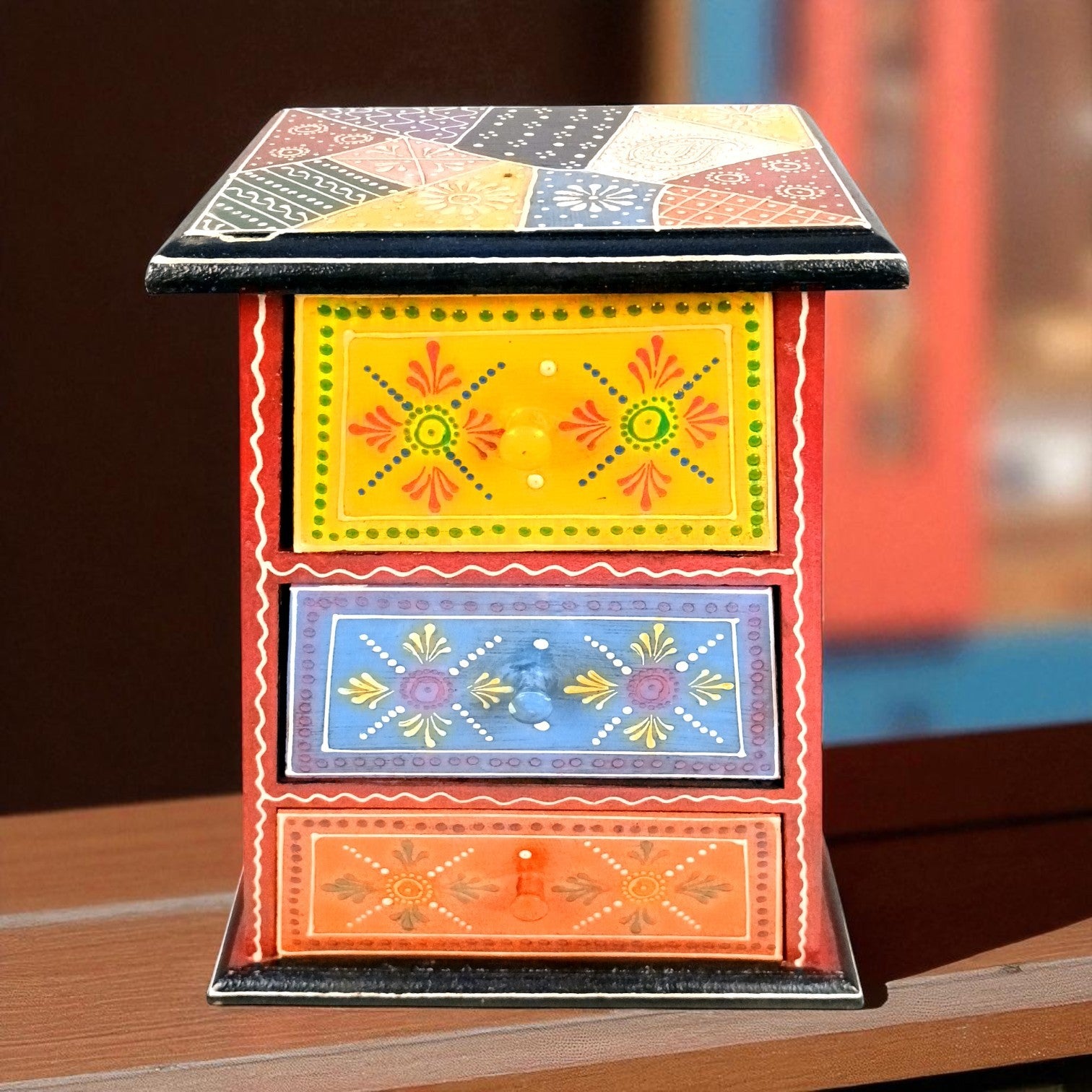 Jewellery Box with 3 Drawers | Handcrafted Jewellery Organizer for Rings, Earrings, Bangles, Watches | Decorative Storage Box for Dressing Table - 11 Inch - Apkamart #Style_Design 1