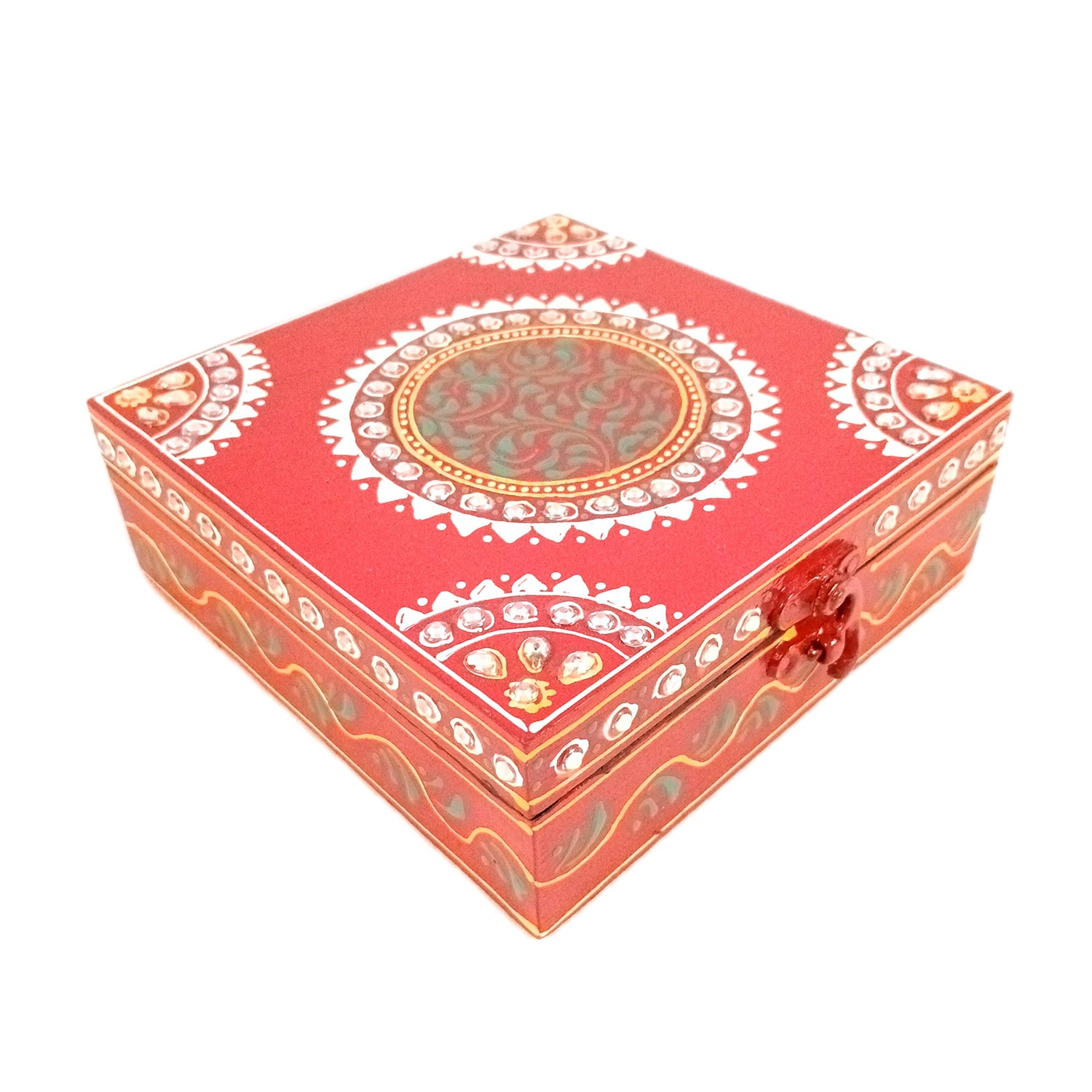 Jewellery Box | Decorative Wooden Jewelry Box - For Home, Table, Organizing Earring, Rings, Necklace & Gifts - 6 Inch - Apkamart #Colour_Red