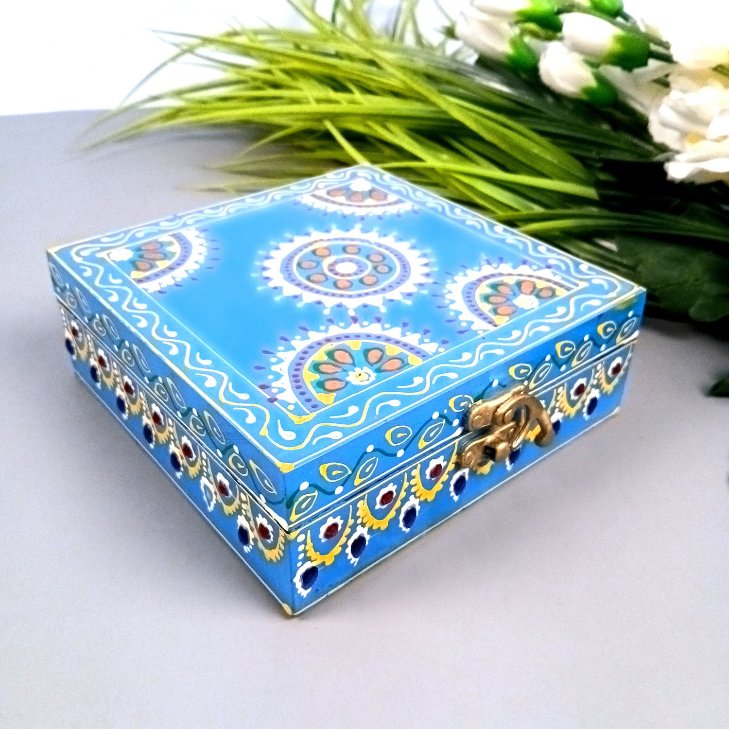 Jewellery Box | Decorative Wooden Jewelry Box - For Home, Table, Organizing Earring, Rings, Necklace & Gifts - 6 Inch - Apkamart #Colour_Blue