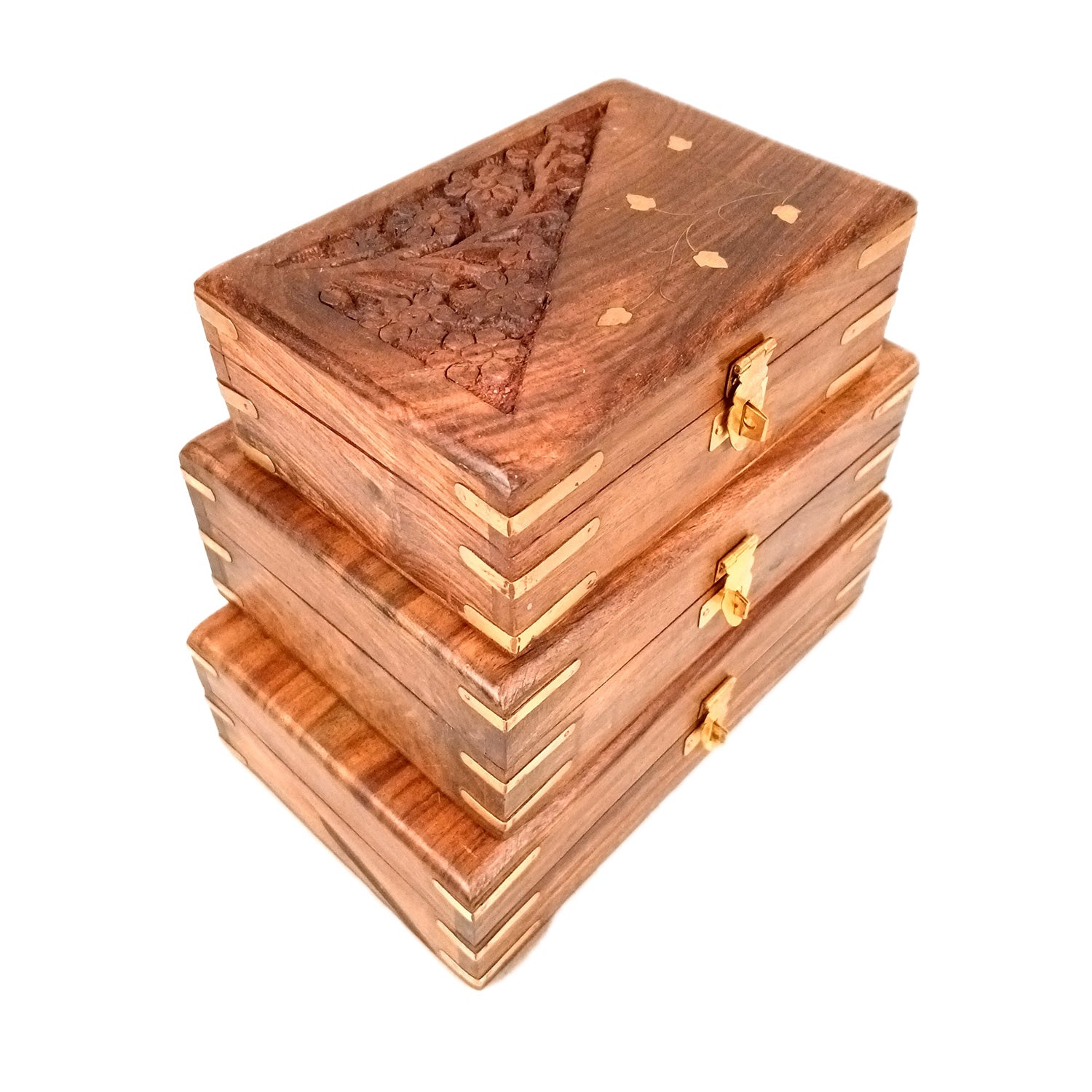 Jewellery Box | Multi-Purpose Storage Box | Wooden Jewelry Box with Lock - For Dressing Table, Home & Table Decor, Organization & Gifts - 8 Inch (Set Of 3) - Apkamart