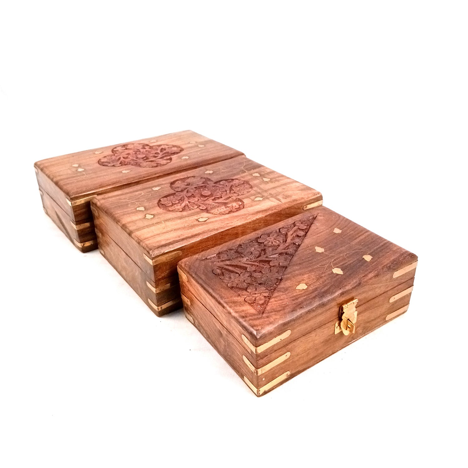 Jewellery Box | Multi-Purpose Storage Box | Wooden Jewelry Box with Lock - For Dressing Table, Home & Table Decor, Organization & Gifts - 8 Inch (Set Of 3) - Apkamart