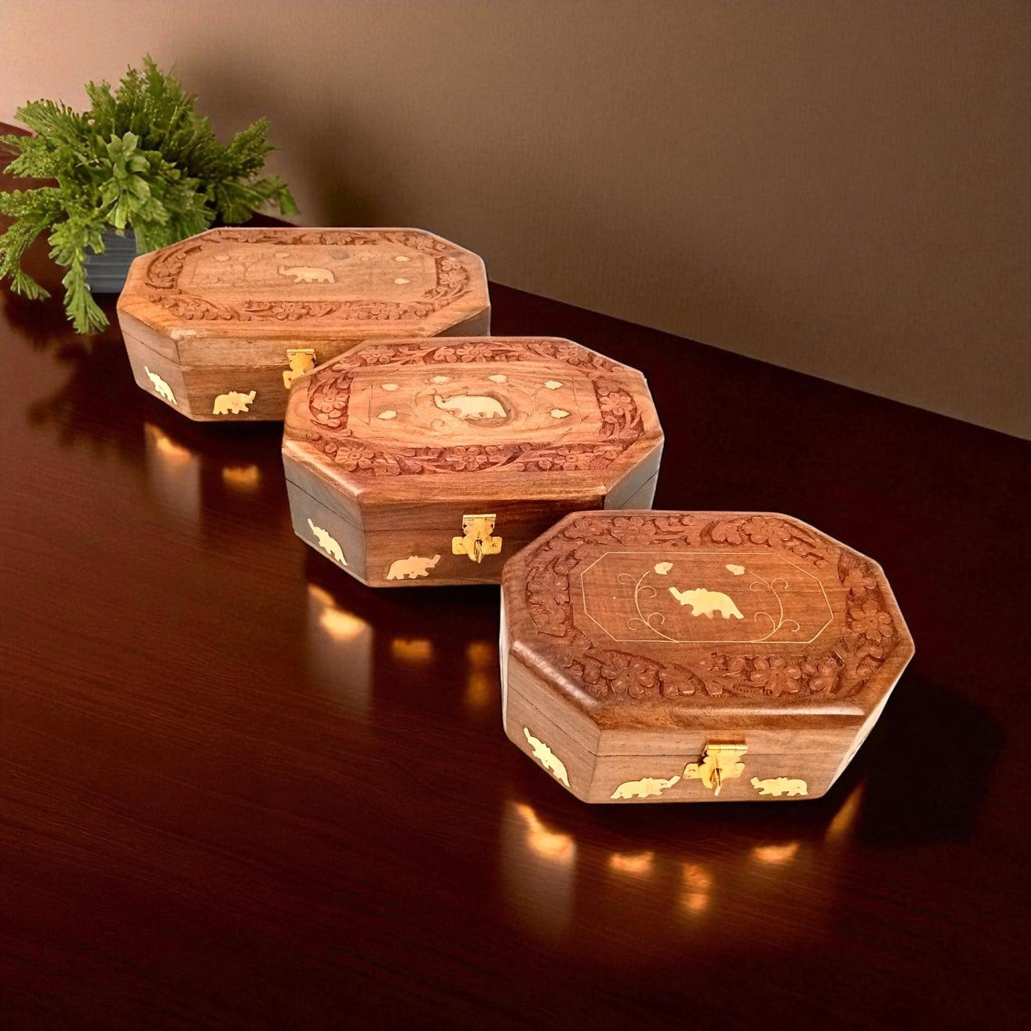 Wooden Jewelry Box | Jewelry Box Antique with Lock | Organizer for Ring, Necklace & Earrings - For Home Decor , Wedding & Anniversary Gift - 8 Inch (Set Of 3) - Apkamart
