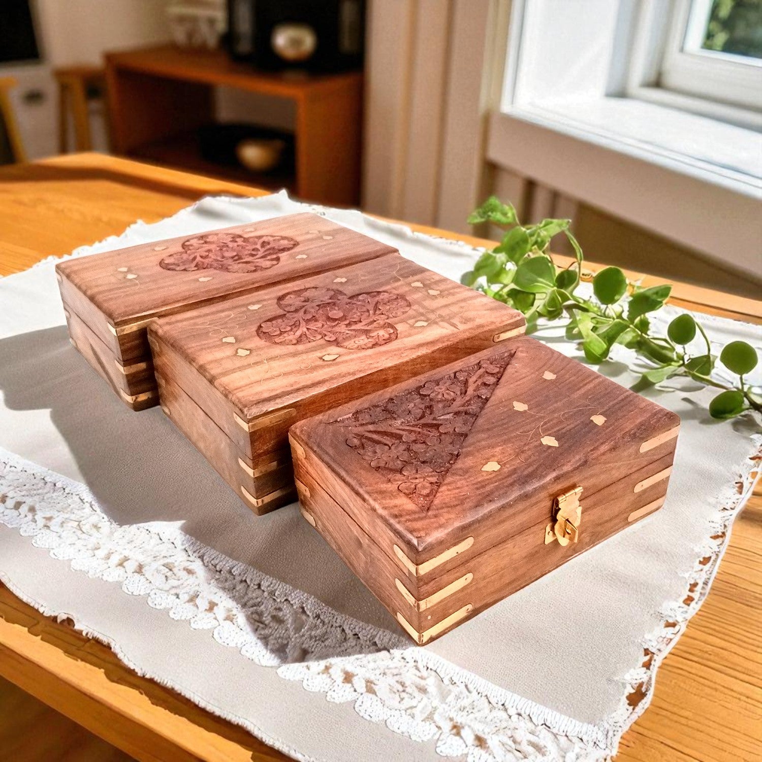 Jewellery Box | Multi-Purpose Storage Box | Wooden Jewelry Box with Lock - For Dressing Table, Home & Table Decor, Organization & Gifts - 8 Inch (Set Of 3) - Apkamart