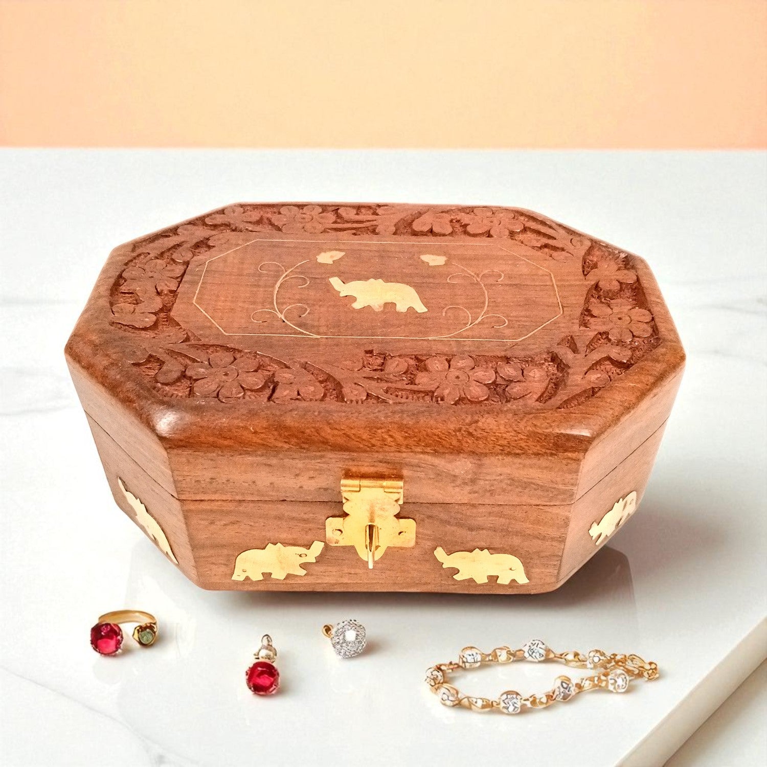 Wooden Jewelry Box | Jewelry Box Antique with Lock | Organizer for Ring, Necklace & Earrings - For Home Decor , Wedding & Anniversary Gift - 6 Inch - Apkamart