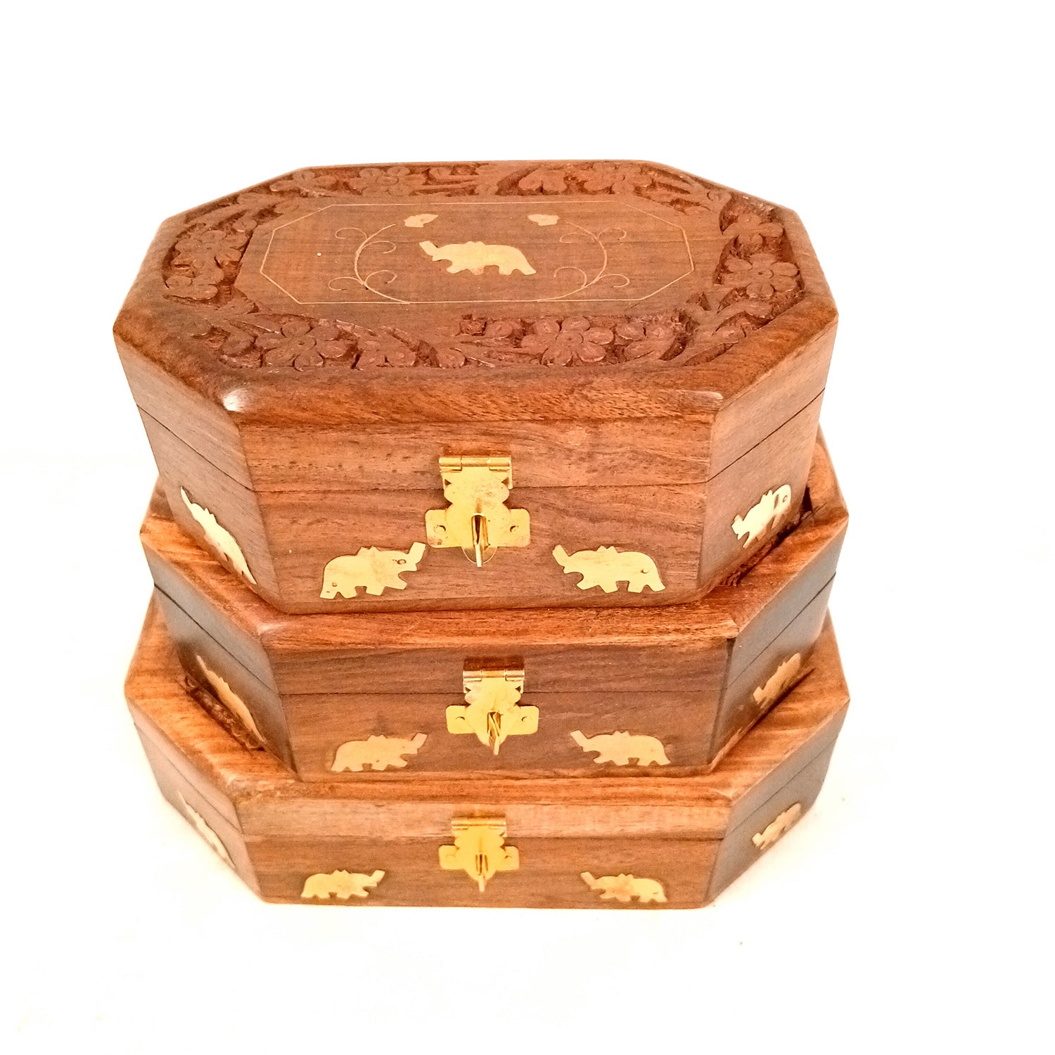 Wooden Jewelry Box | Jewelry Box Antique with Lock | Organizer for Ring, Necklace & Earrings - For Home Decor , Wedding & Anniversary Gift - 8 Inch (Set Of 3) - Apkamart