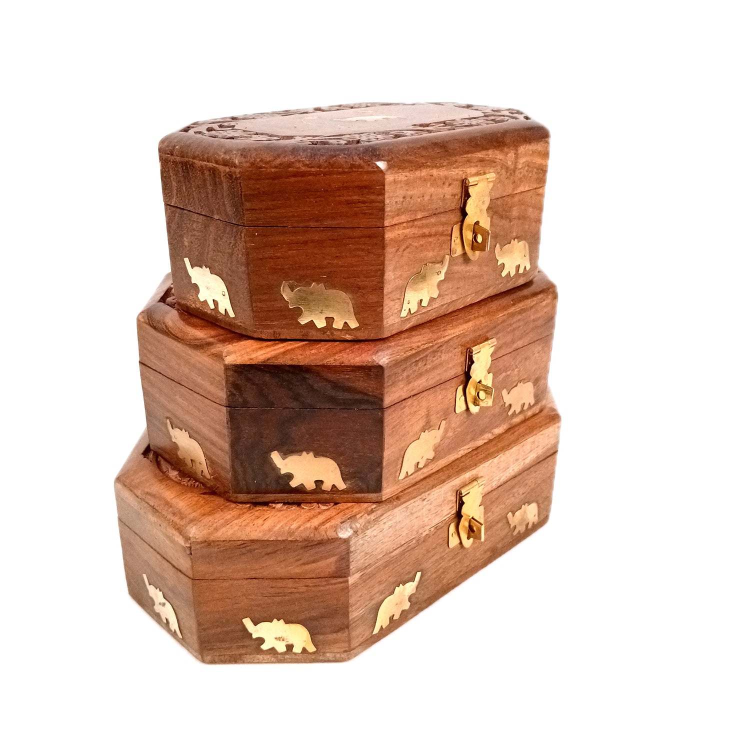 Wooden Jewelry Box | Jewelry Box Antique with Lock | Organizer for Ring, Necklace & Earrings - For Home Decor , Wedding & Anniversary Gift - 8 Inch (Set Of 3) - Apkamart