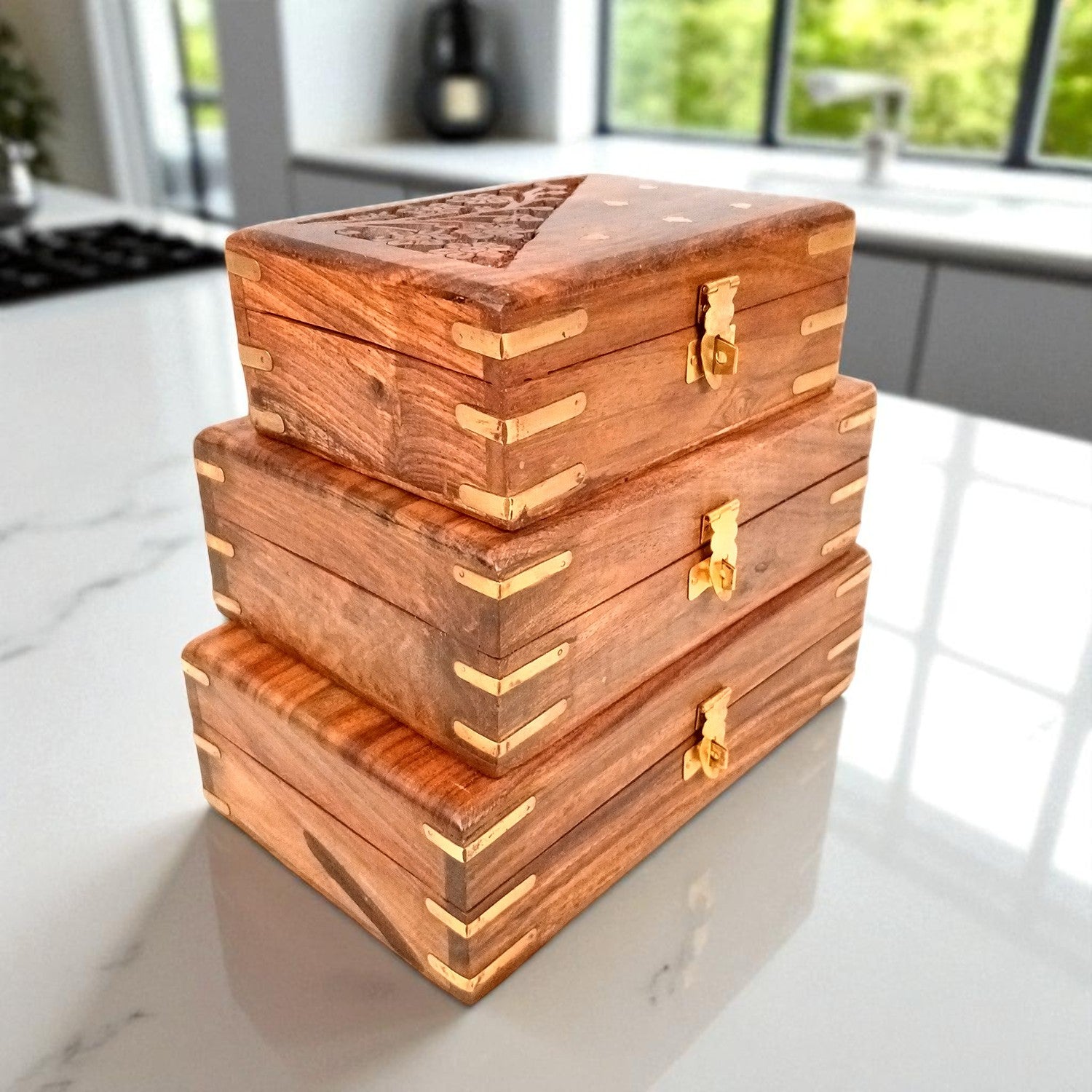 Jewellery Box | Multi-Purpose Storage Box | Wooden Jewelry Box with Lock - For Dressing Table, Home & Table Decor, Organization & Gifts - 8 Inch (Set Of 3) - Apkamart