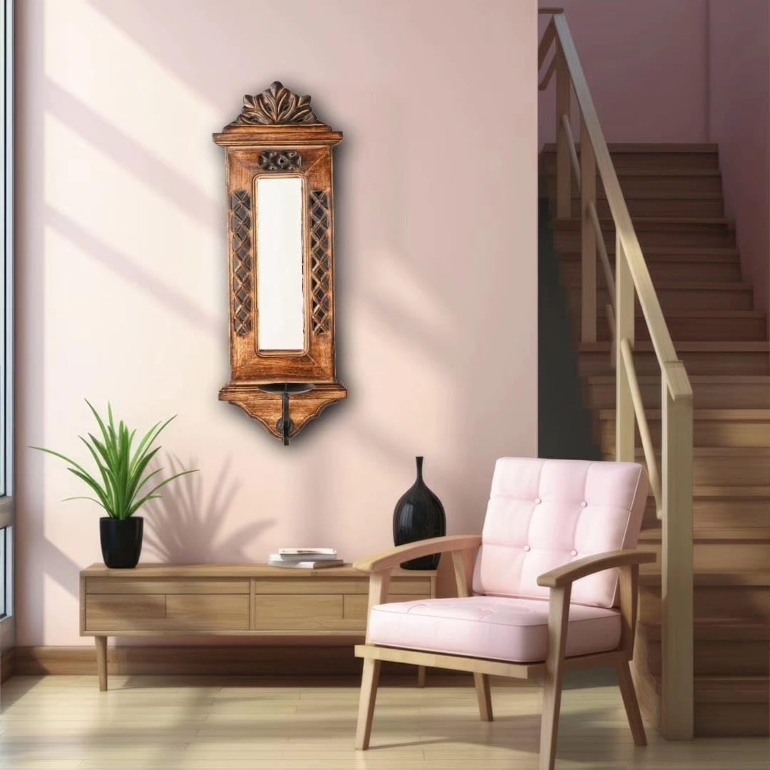 Wooden Jharokha Mirror Handcrafted Wall Hanging Decorative Mirror for Living Room Entryway Bedroom Traditional Home Decor - 20 Inch - Apkamart